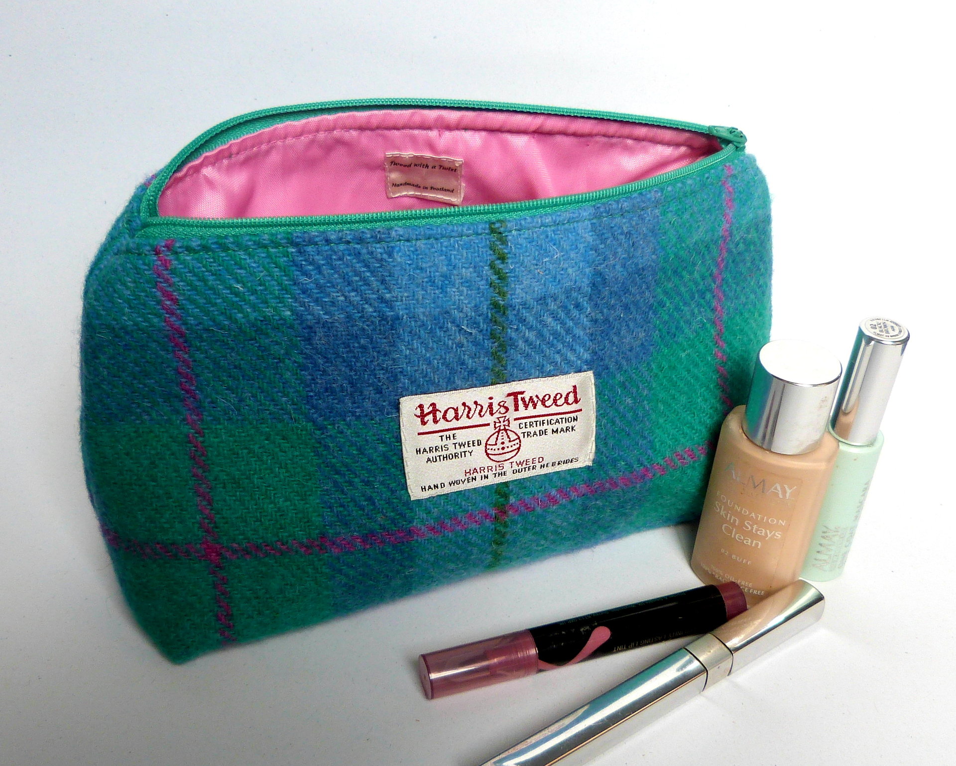 Harris Tweed Jade green, Blue and pink cosmetic bag with  matching compact mirror