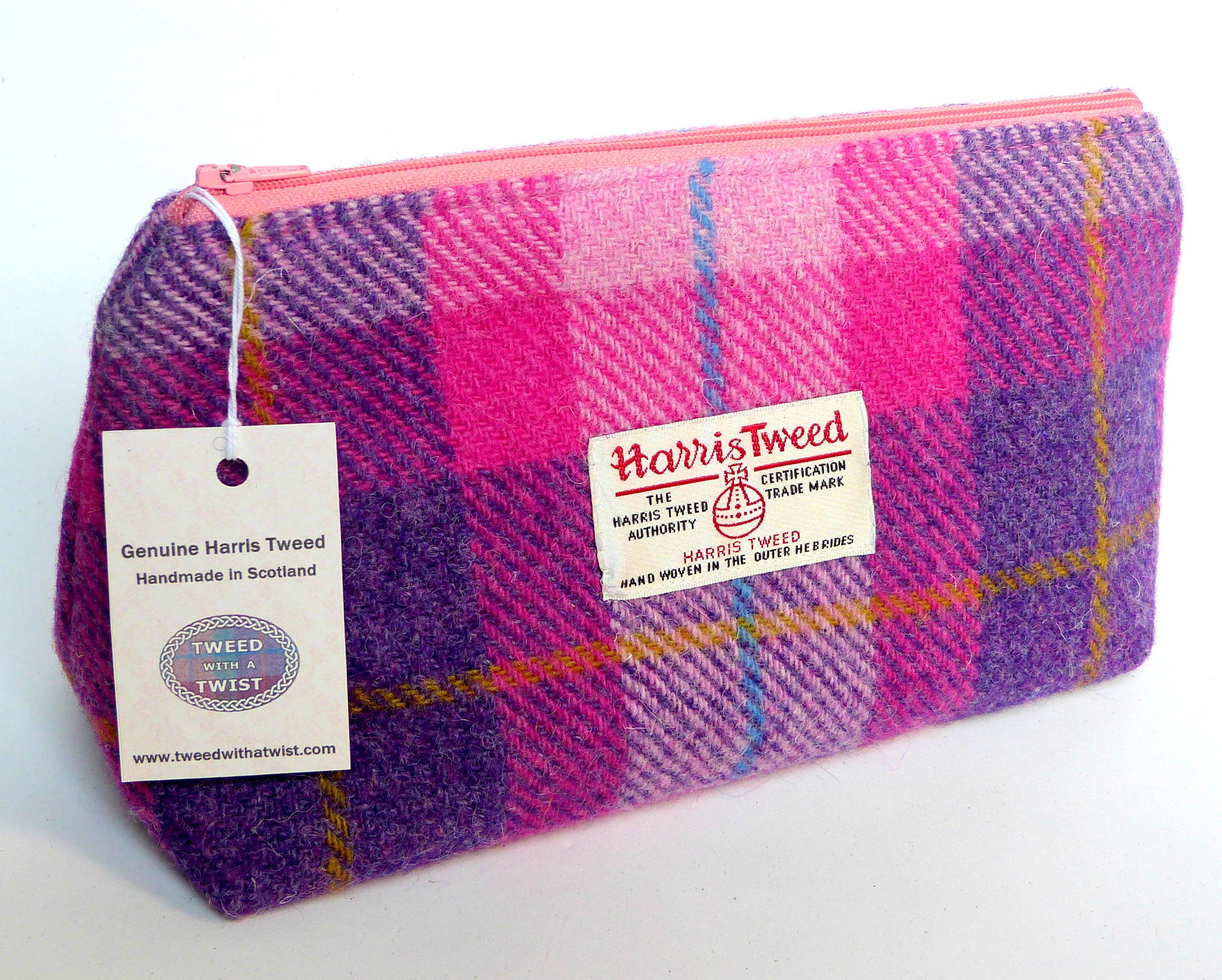 Cosmetic bag pink and purple Harris Tweed with matching compact mirror