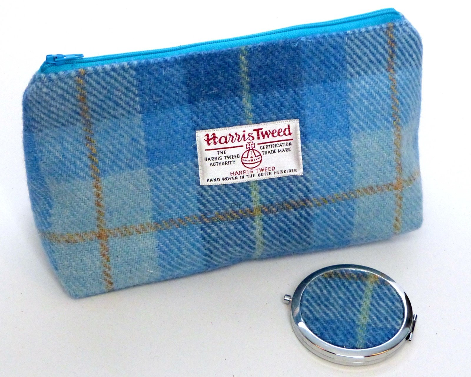 Cosmetic bag Blue shades of checked Harris Tweed with matching compact mirror Make-up bag
