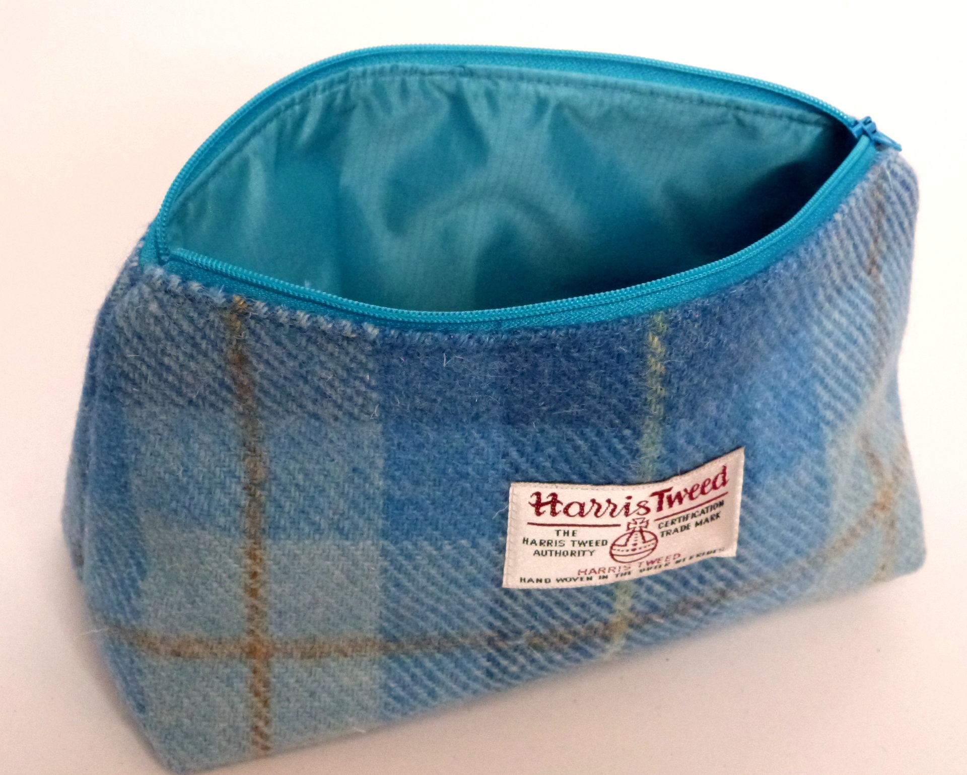 Cosmetic bag Blue shades of checked Harris Tweed with matching compact mirror Make-up bag