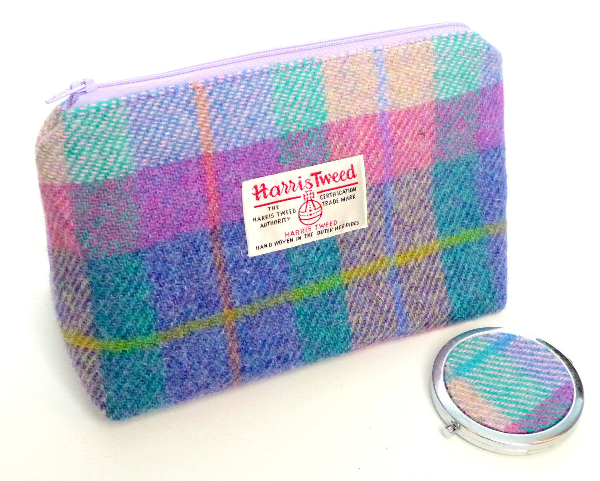 Harris Tweed pastel colours Cosmetic  make-up bag with matching compact mirror , lilac, jade, pink and blue