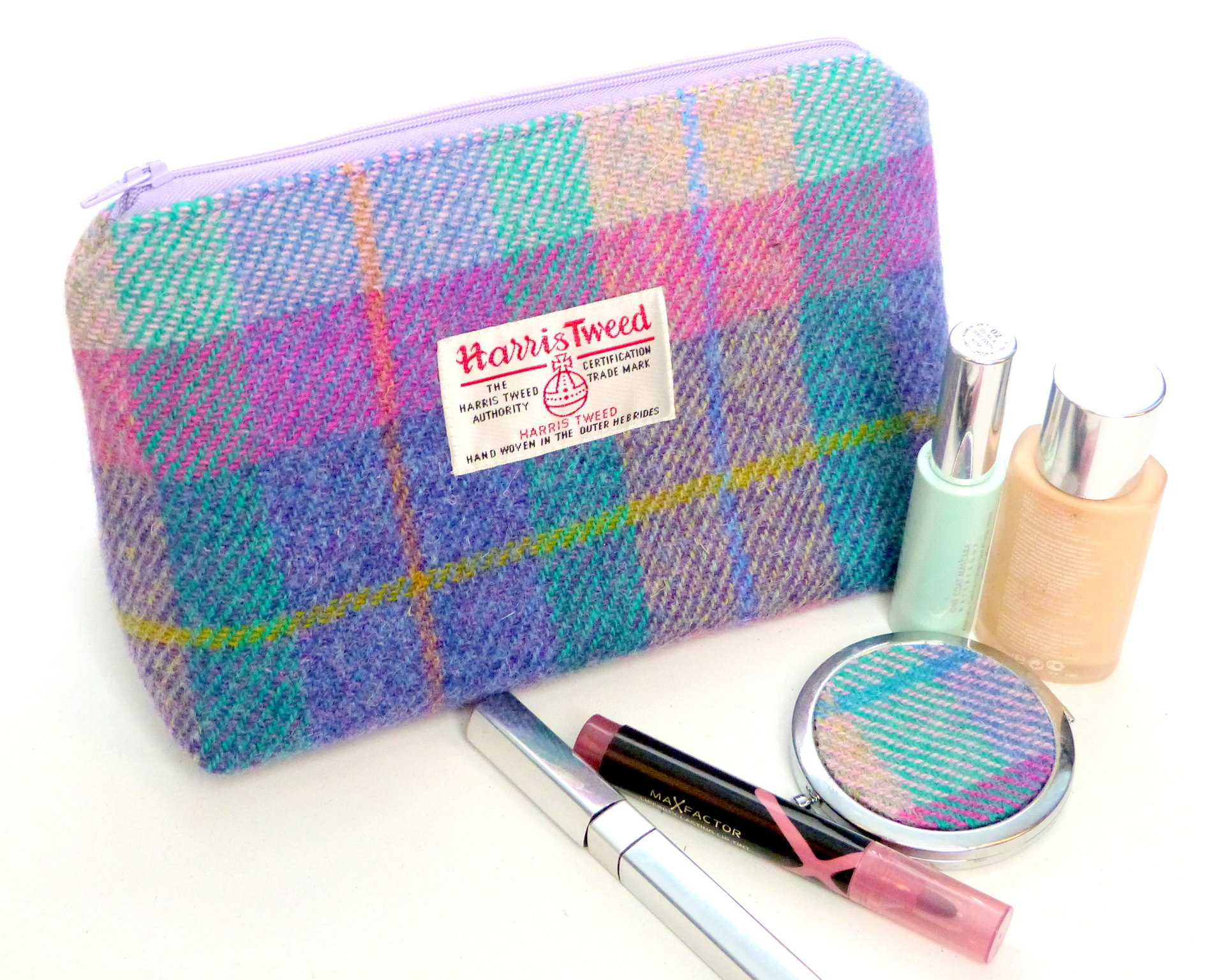 Harris Tweed pastel colours Cosmetic  make-up bag with matching compact mirror , lilac, jade, pink and blue