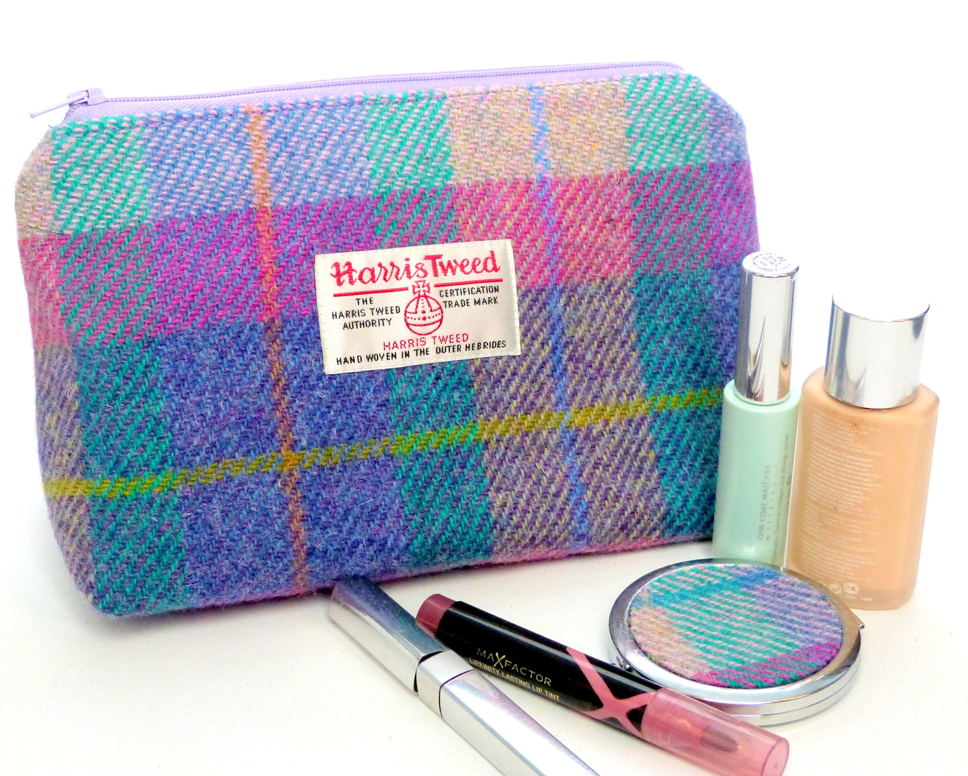 Harris Tweed pastel colours Cosmetic  make-up bag with matching compact mirror , lilac, jade, pink and blue