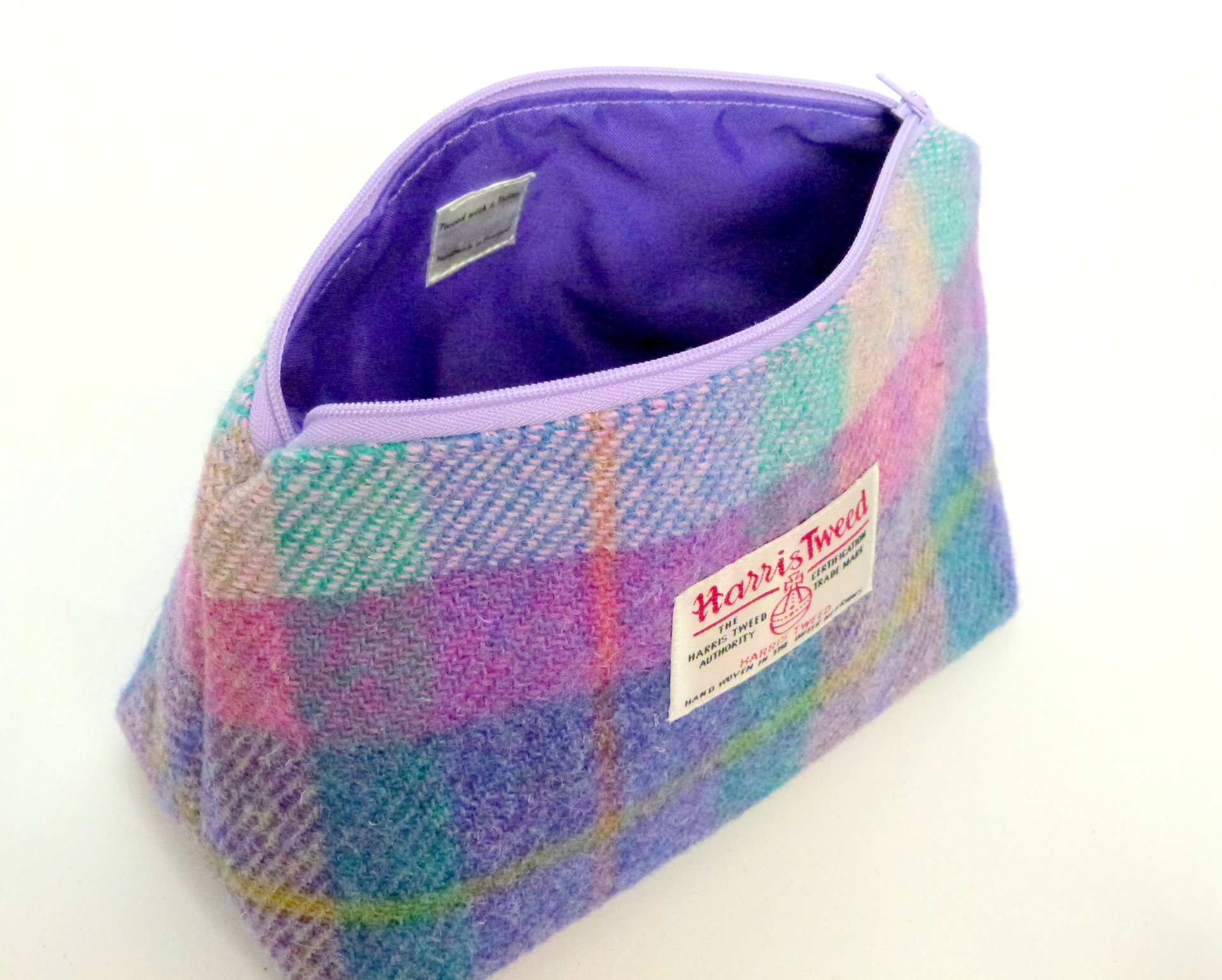 Harris Tweed pastel colours Cosmetic  make-up bag with matching compact mirror , lilac, jade, pink and blue