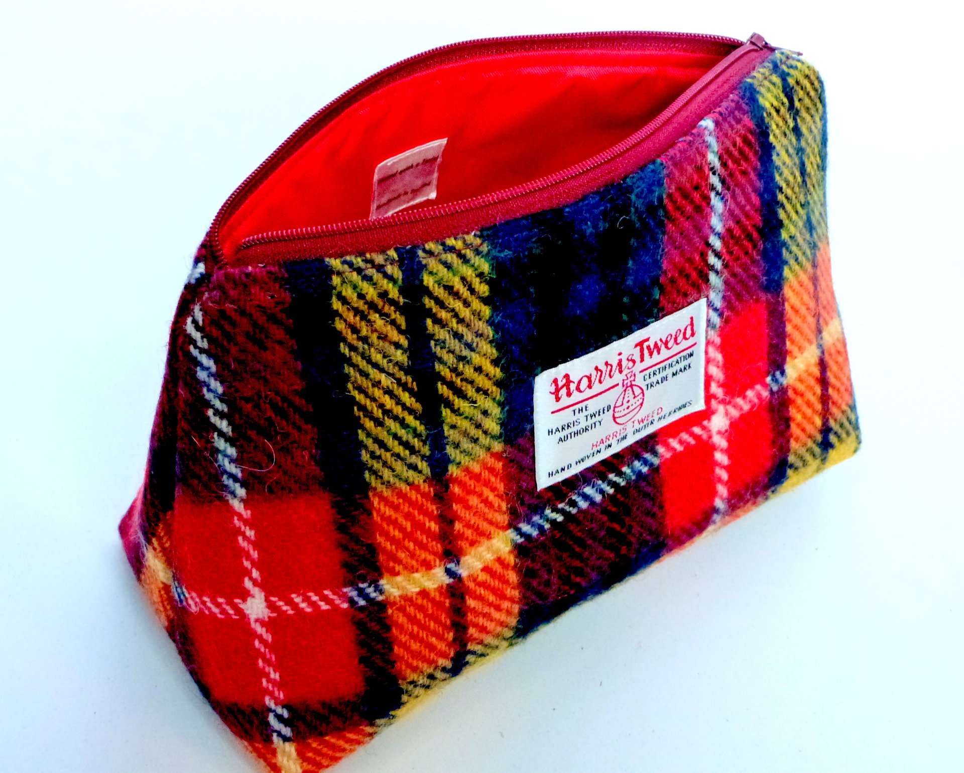 Buchanan Tartan Harris Tweed Cosmetic  make-up bag with matching compact mirror , red yellow blue plaid