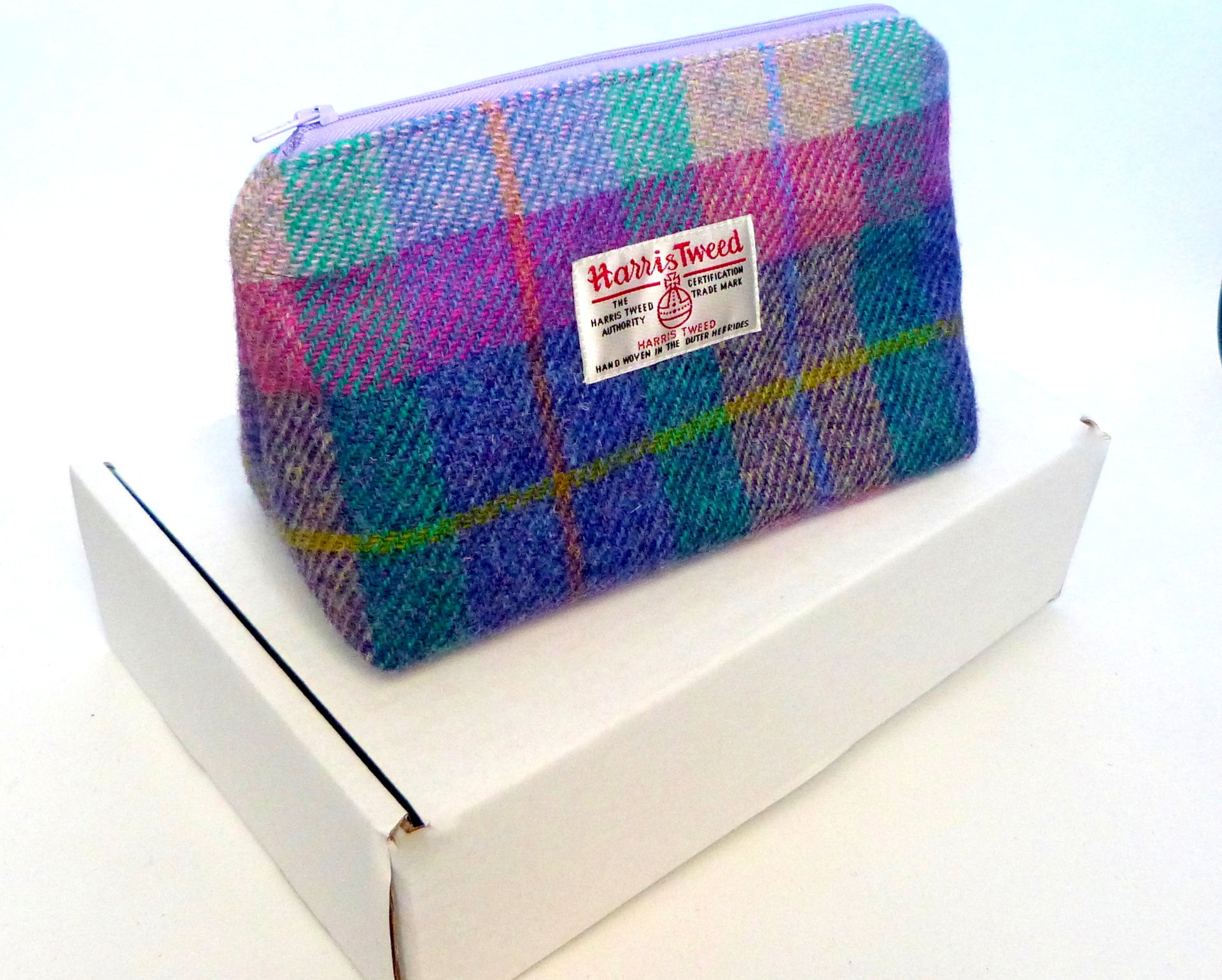 Buchanan Tartan Harris Tweed Cosmetic  make-up bag with matching compact mirror , red yellow blue plaid