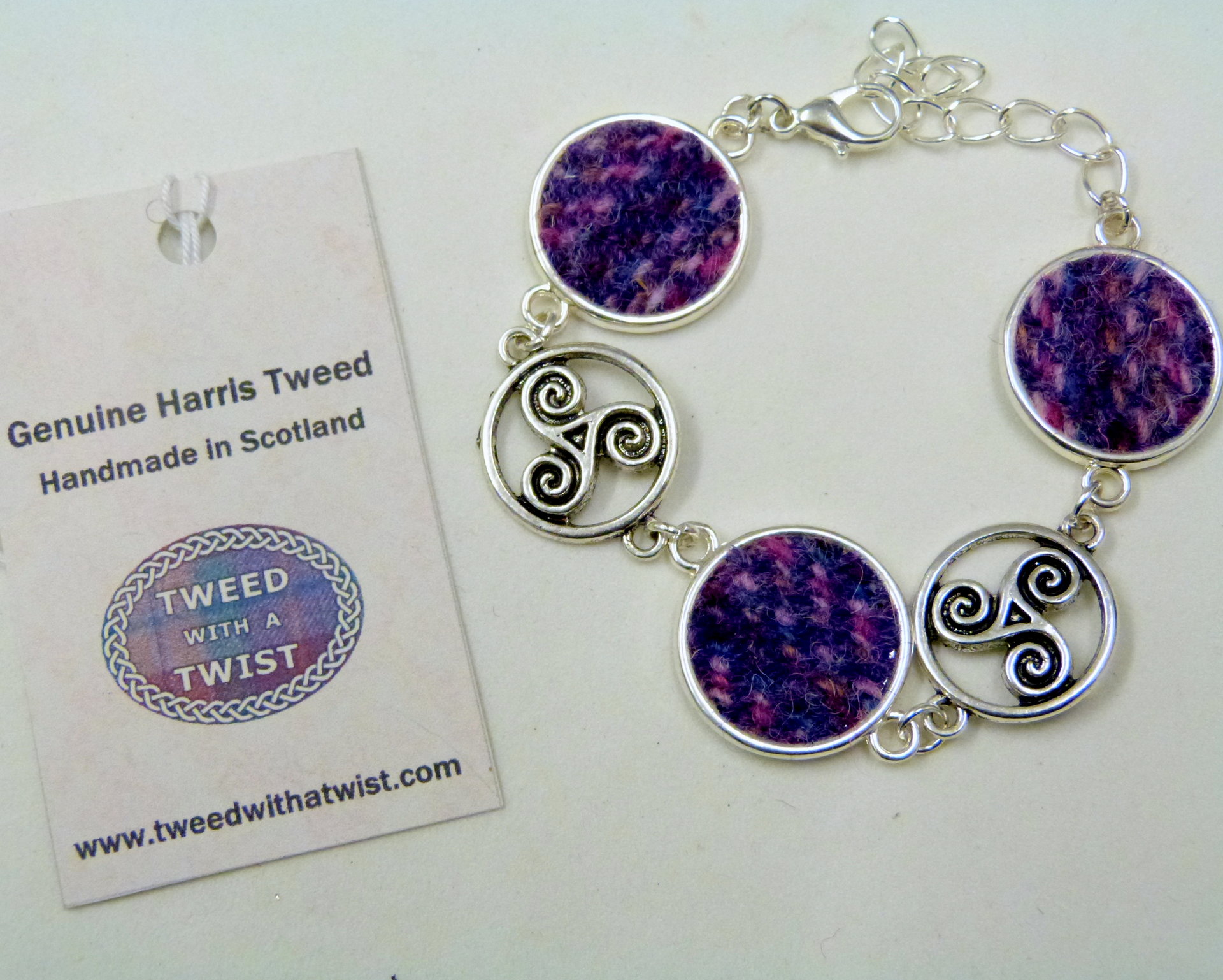 Purple / pink Harris Tweed bracelet with celtic triple spiral feature, triskeles , made in Scotland , Christmas or birthday gift womens or bridesmaid jewellery