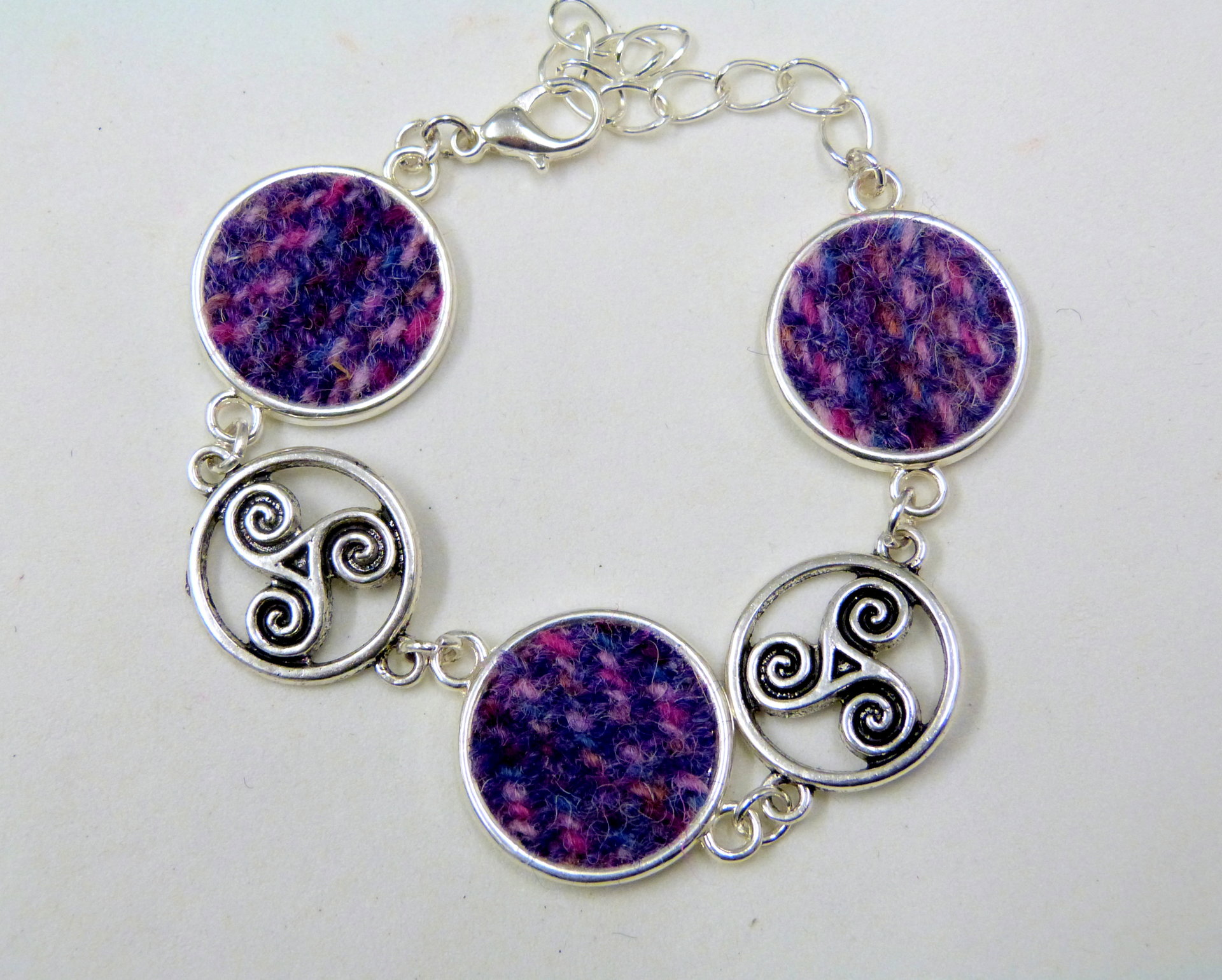 Purple / pink Harris Tweed bracelet with celtic triple spiral feature, triskeles , made in Scotland , Christmas or birthday gift womens or bridesmaid jewellery