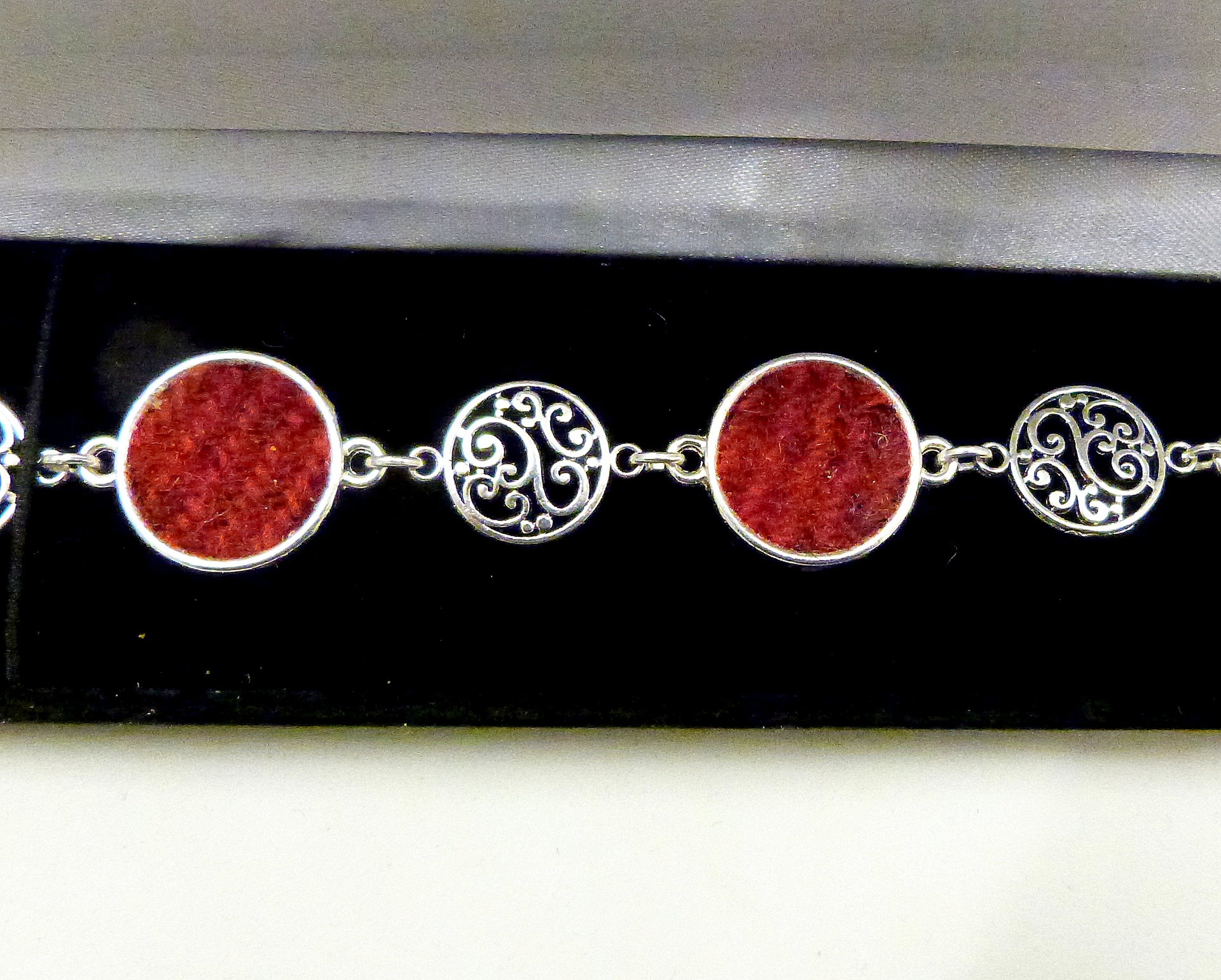 Red Harris Tweed bracelet with celtic spiral filigree features, made in Scotland , Christmas or birthday gift womens or bridesmaid jewellery