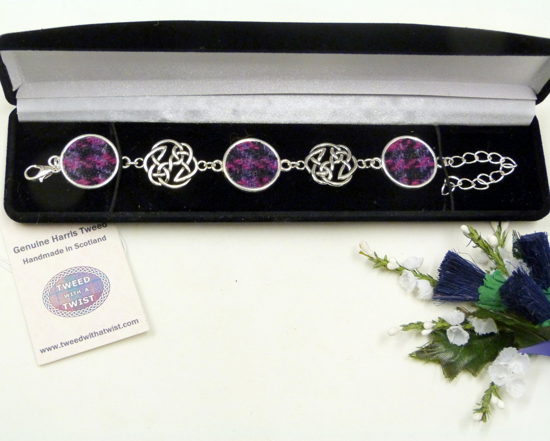 Purple and black Harris Tweed bracelet with celtic infinity knots made in Scotland , Christmas or birthday gift womens or bridesmaid jewellery