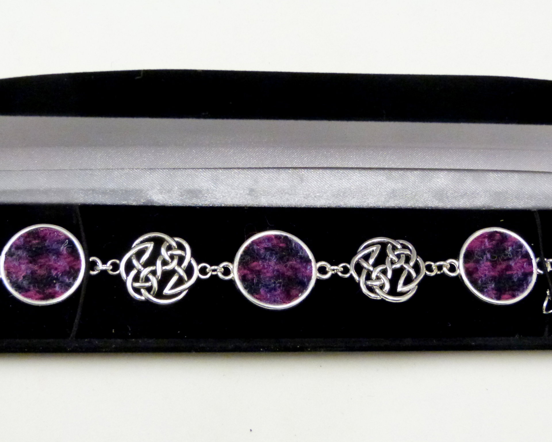 Purple and black Harris Tweed bracelet with celtic infinity knots made in Scotland , Christmas or birthday gift womens or bridesmaid jewellery