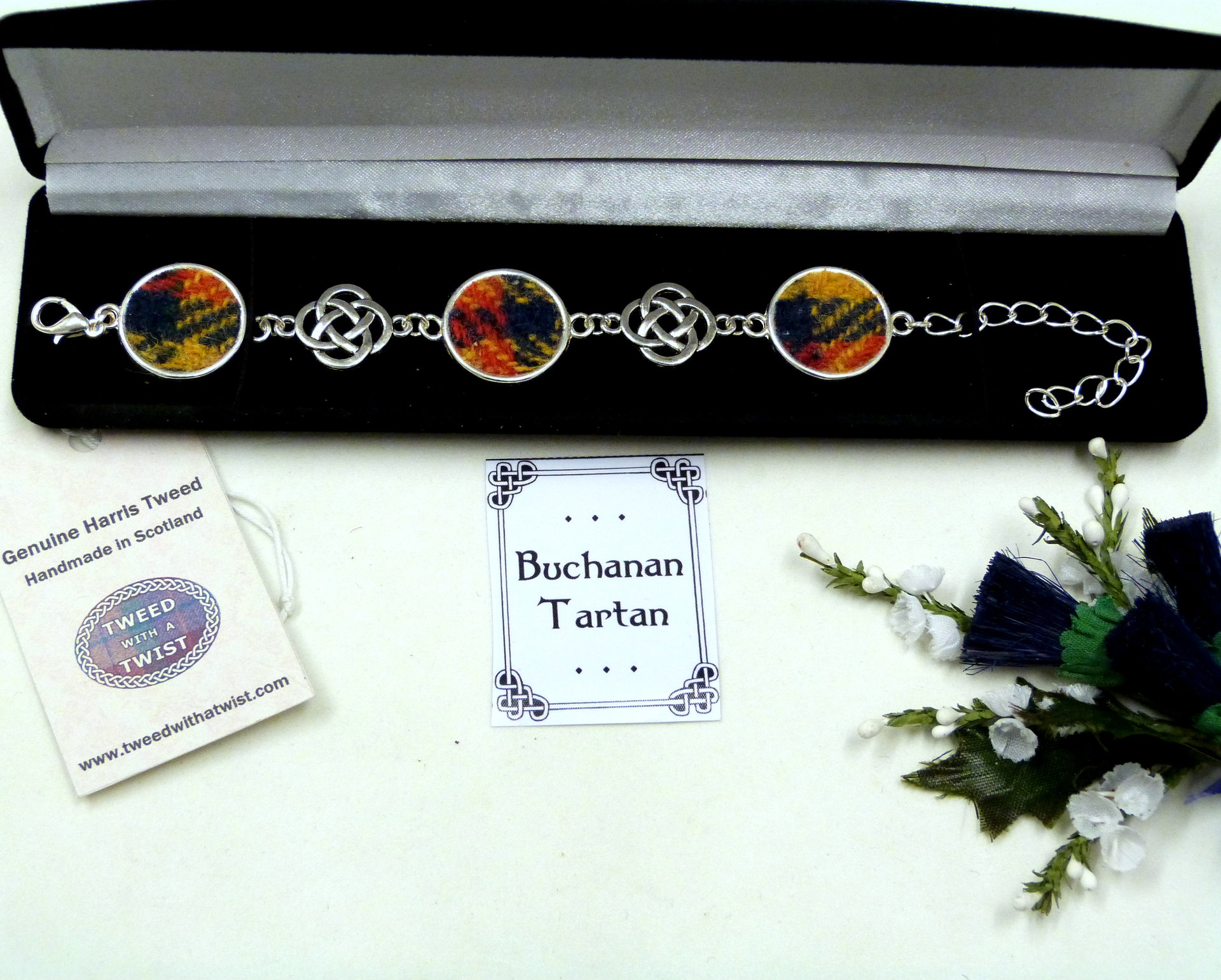 Buchanan Tartan Harris Tweed bracelet with celtic infinity knots made in Scotland , Christmas or birthday gift womens or bridesmaid jewellery