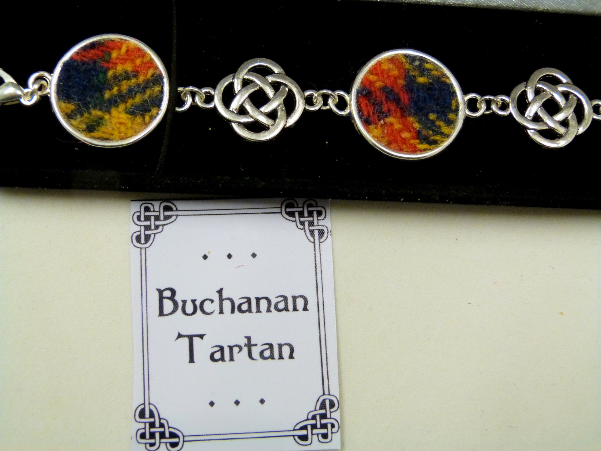 Buchanan Tartan Harris Tweed bracelet with celtic infinity knots made in Scotland , Christmas or birthday gift womens or bridesmaid jewellery