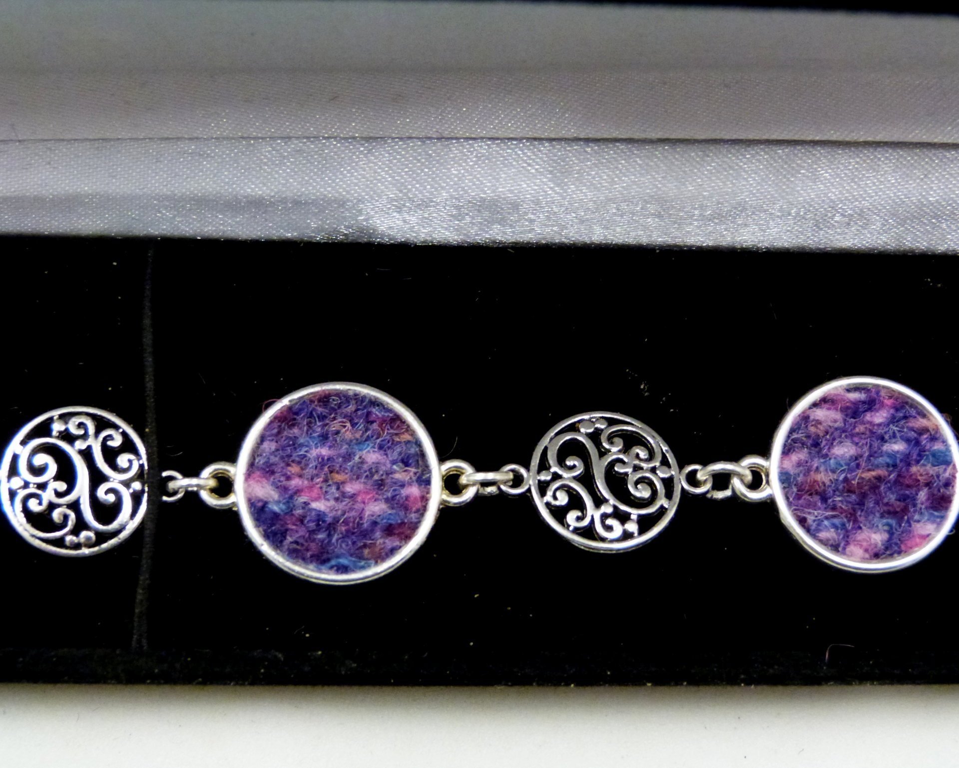 Purple filigree Harris Tweed bracelet with celtic infinity knots made in Scotland , Christmas or birthday gift womens or bridesmaid jewellery