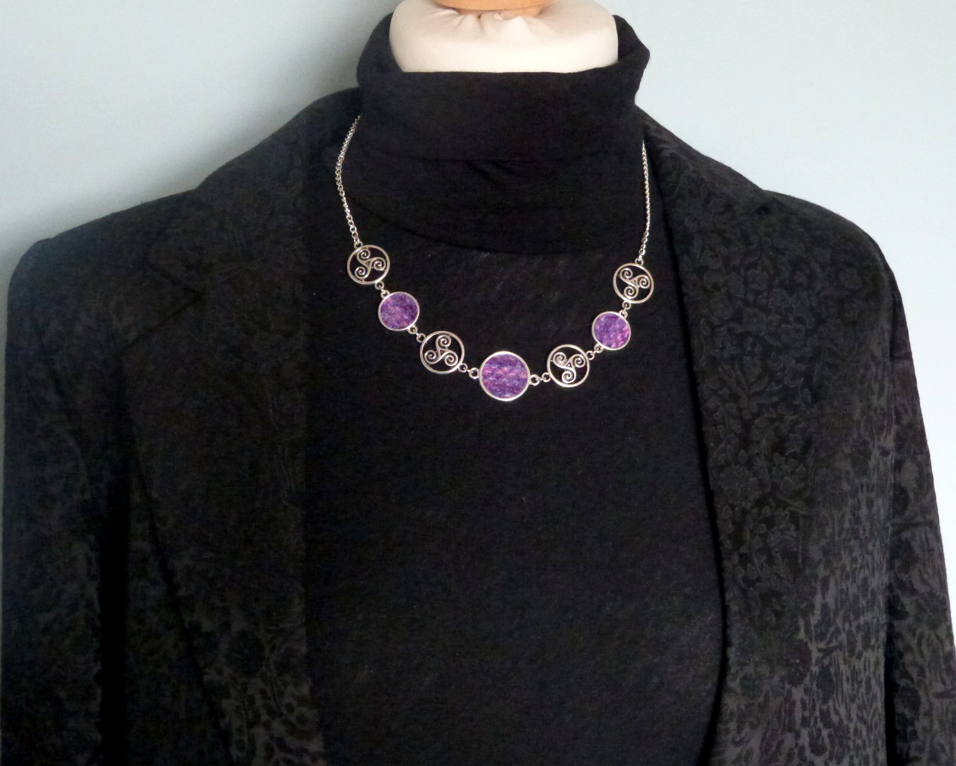 Purple Harris Tweed necklace with celtic tri spiral, triskele infinity knots made in Scotland , Christmas or birthday Scottish gift for women