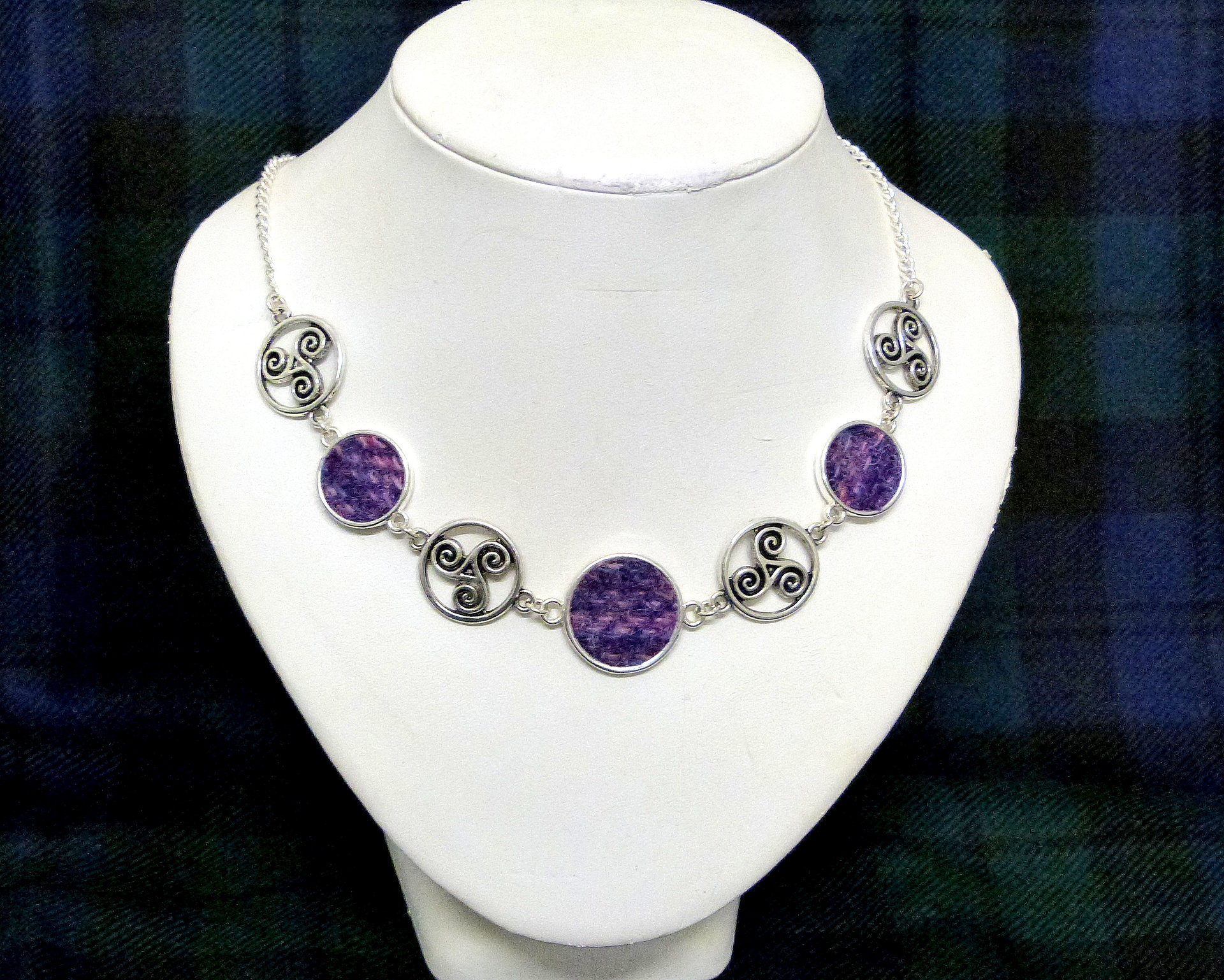 Purple Harris Tweed necklace with celtic tri spiral, triskele infinity knots made in Scotland , Christmas or birthday Scottish gift for women