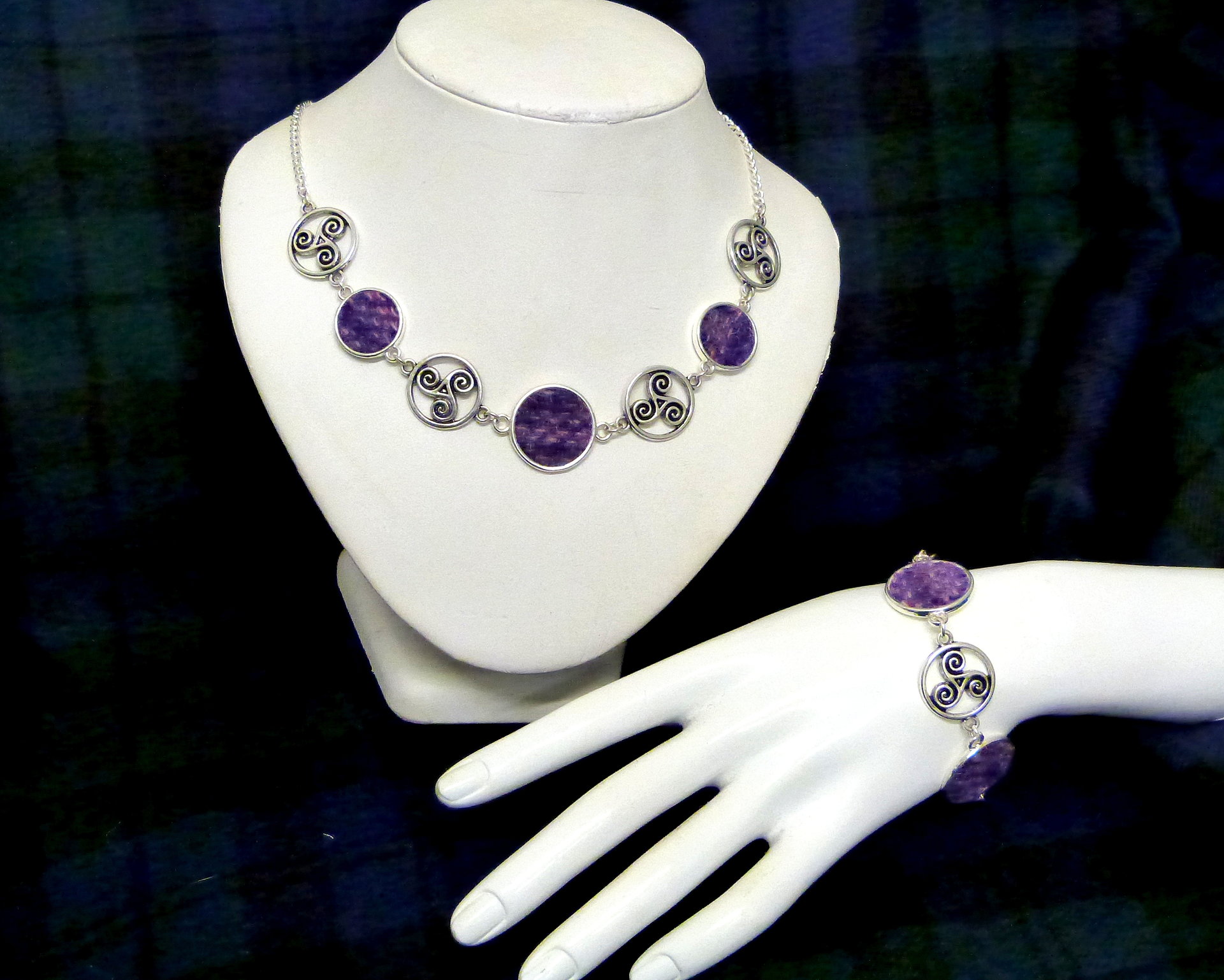 Purple Harris Tweed necklace with celtic tri spiral, triskele infinity knots made in Scotland , Christmas or birthday Scottish gift for women