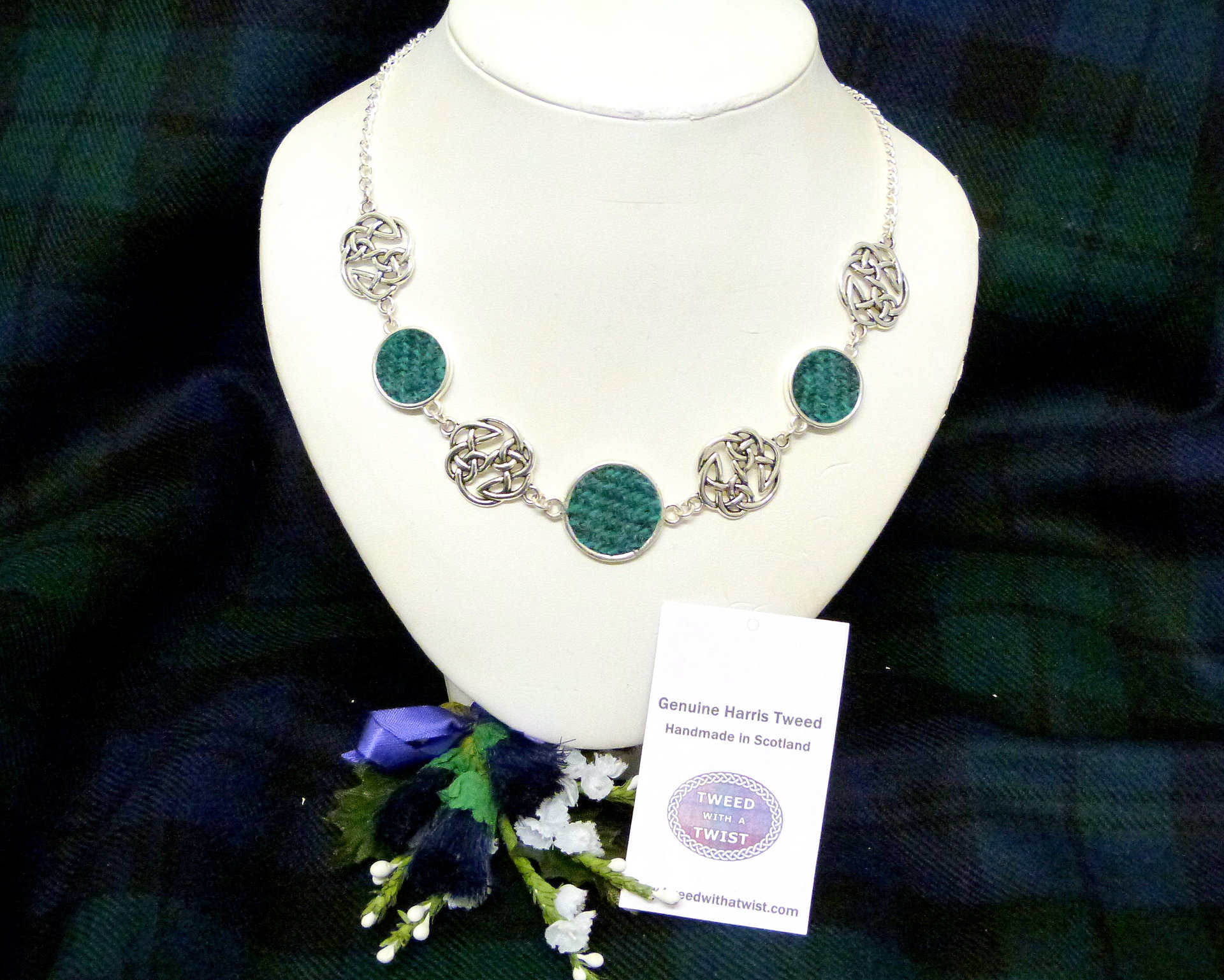 Green celtic necklace Harris Tweed necklace with celtic infinity knots made in Scotland , Christmas or birthday gift womens or bridesmaid jewellery