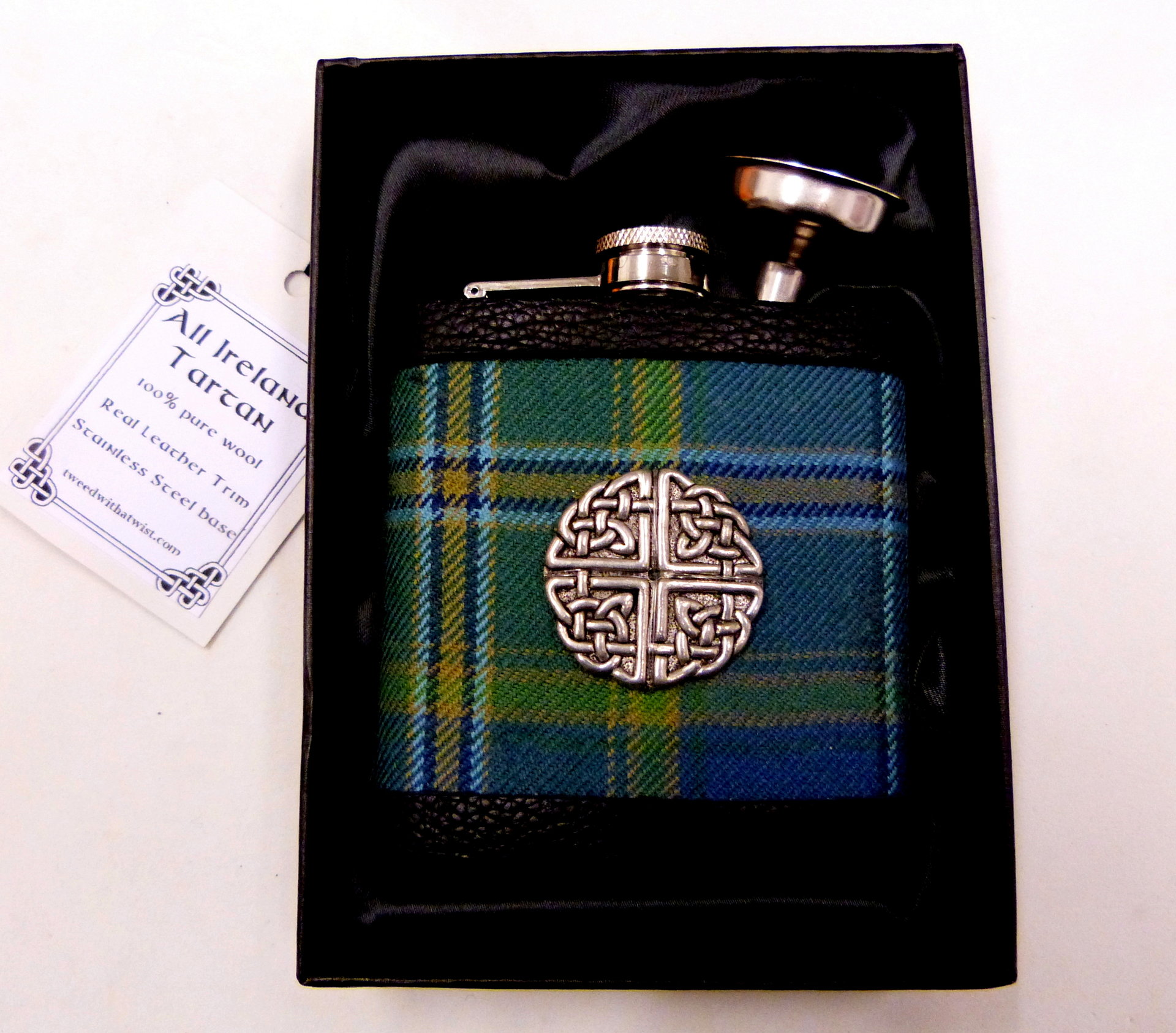 All Ireland  Tartan hip flask with Celtic Knot in gift box