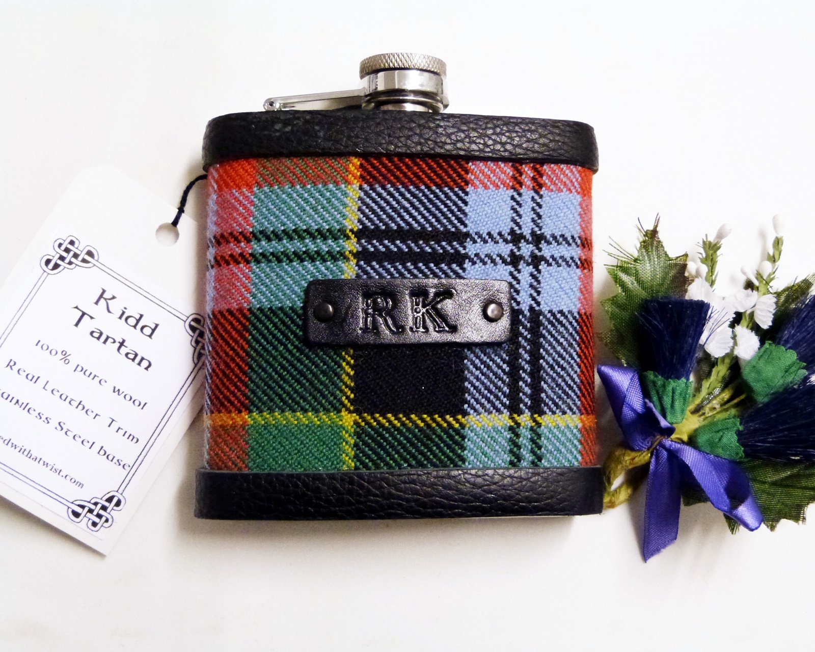 Harris Tweed  Hip Flasks  with initials embossed on black or brown leather labels for Best Man,  Father of Bride or groomsmen, Scottish luxury gift sets of 3-6