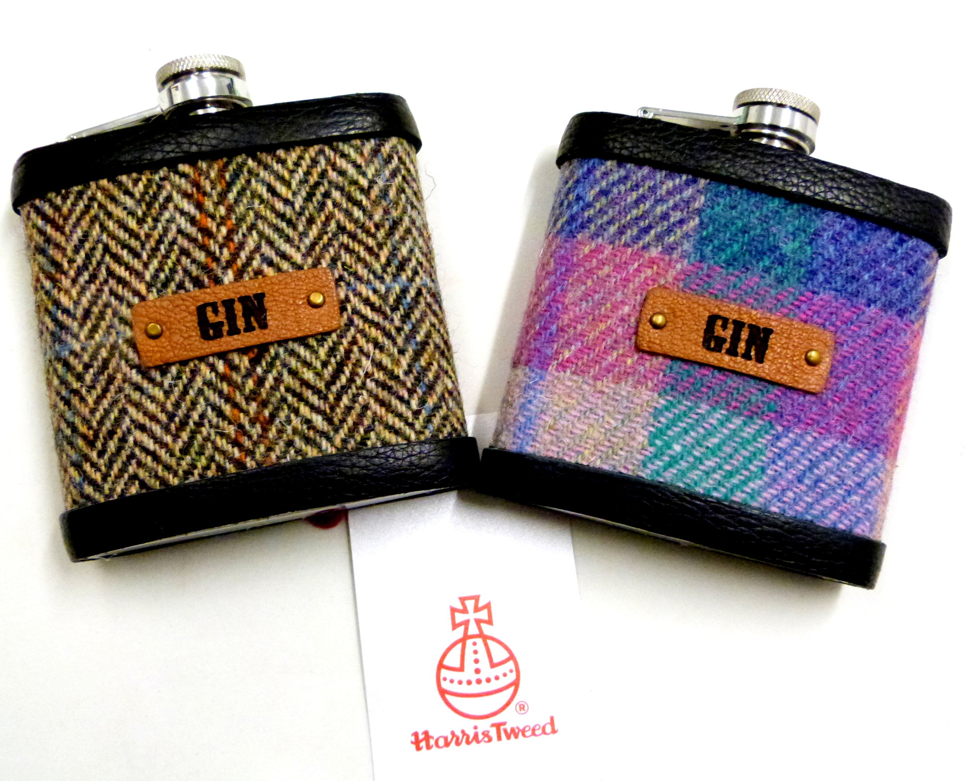 Harris Tweed Gin hip  flask, brown herringbone weave,  Scottish gift for men ideal Christmas, retirement Gin lovers present