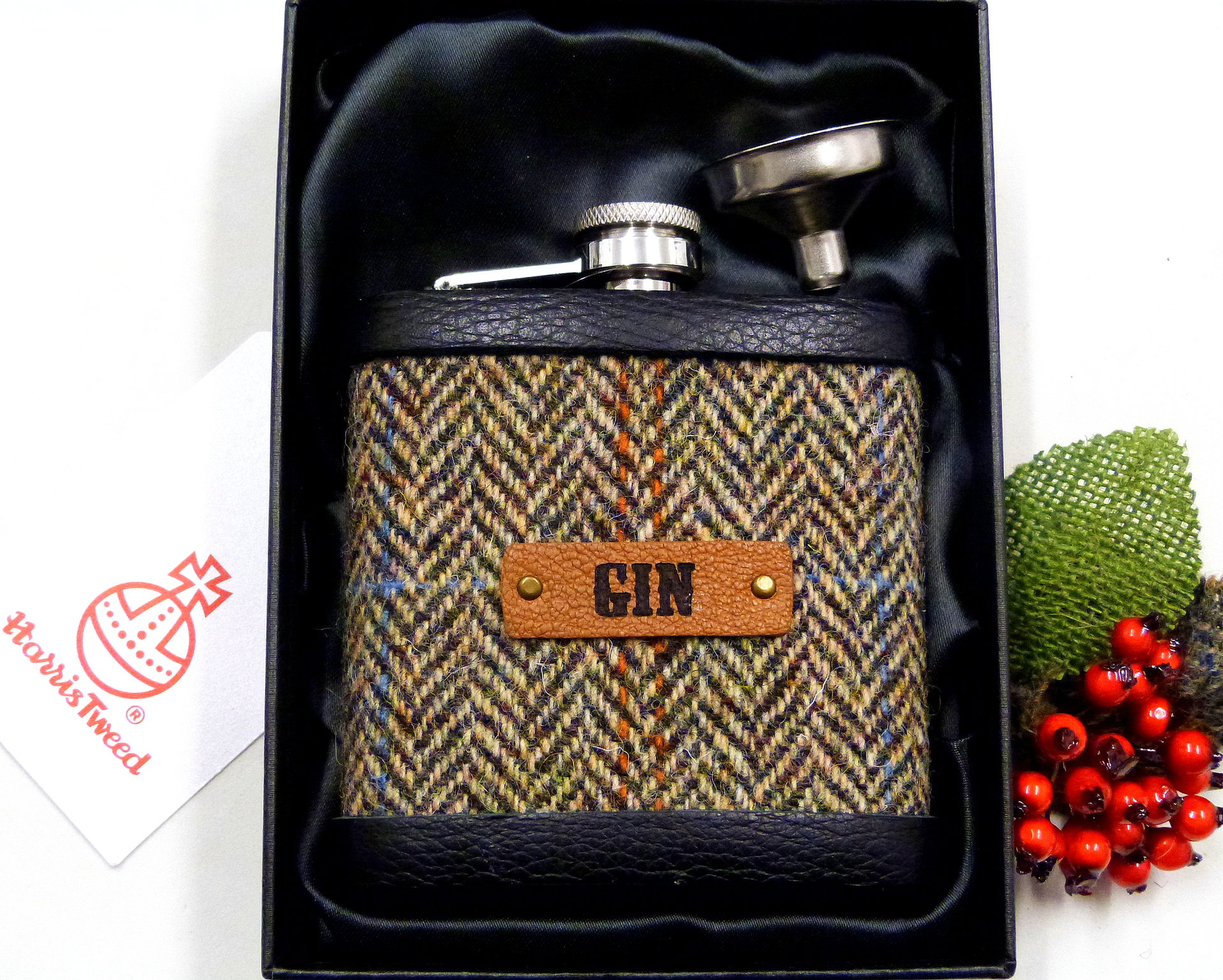 Harris Tweed Gin hip  flask, brown herringbone weave,  Scottish gift for men ideal Christmas, retirement Gin lovers present