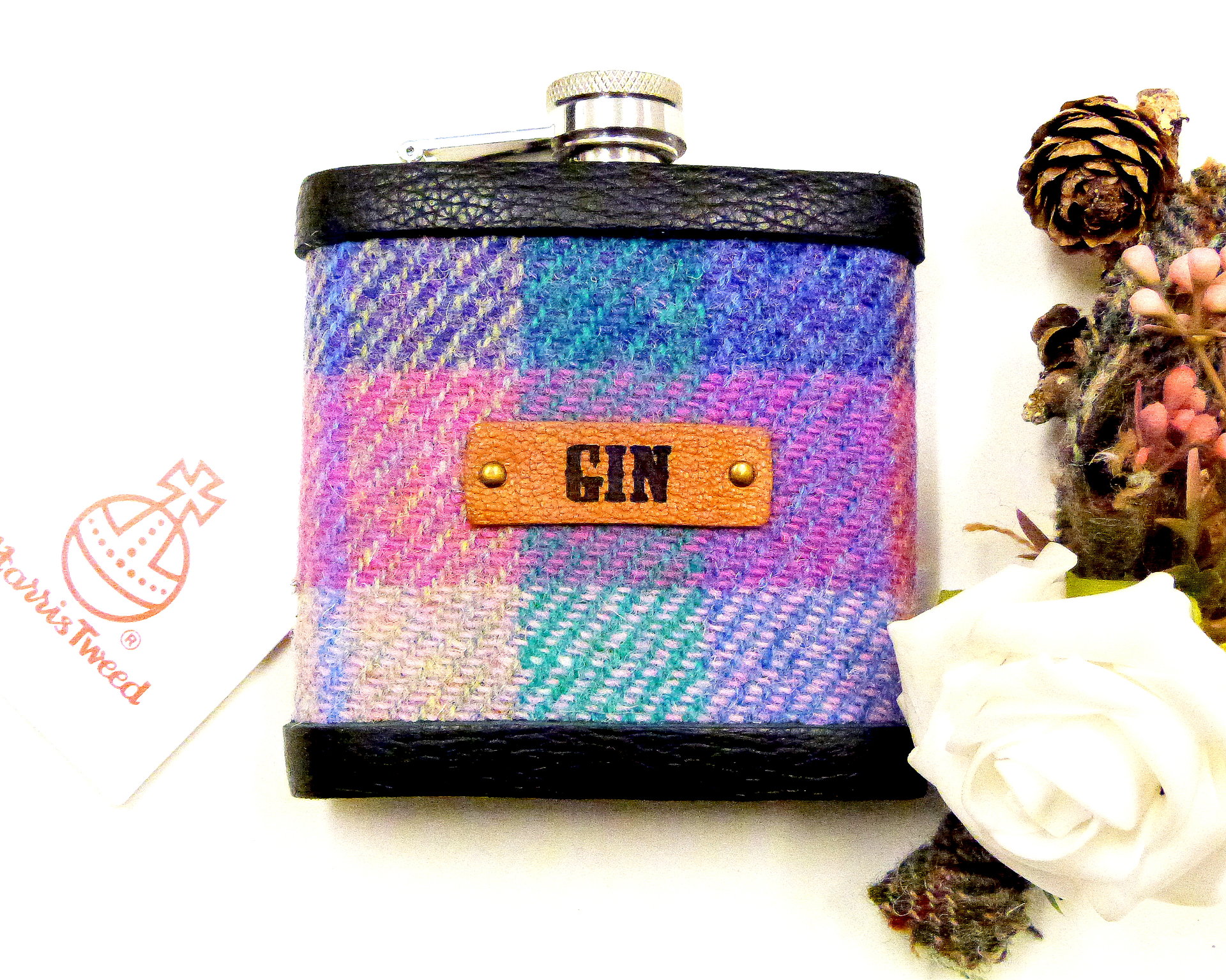 Harris Tweed Gin hip  flask, purple, pink and jade green, Scottish gift for her or him ideal Christmas, retirement Gin lovers present