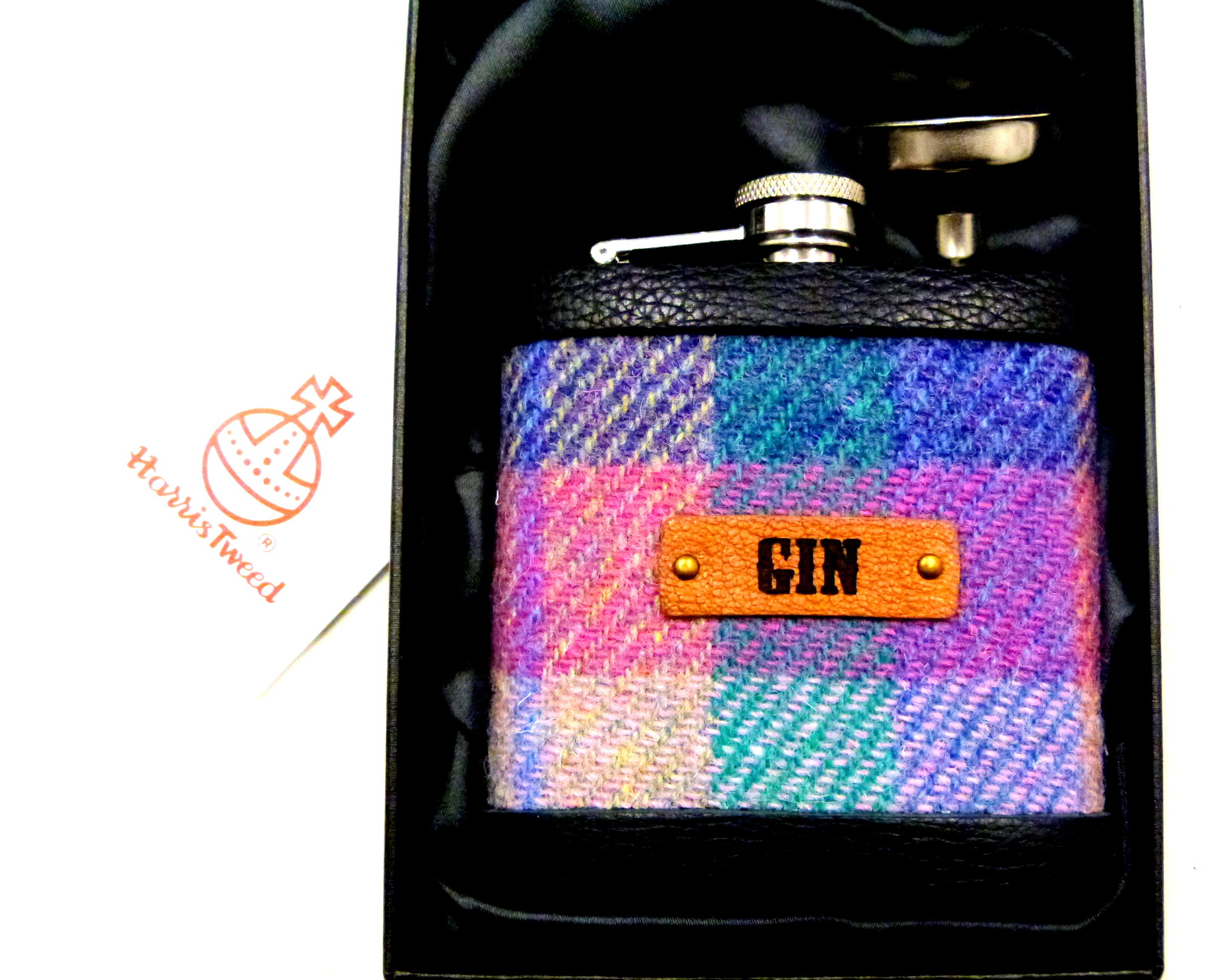 Harris Tweed Gin hip  flask, purple, pink and jade green, Scottish gift for her or him ideal Christmas, retirement Gin lovers present