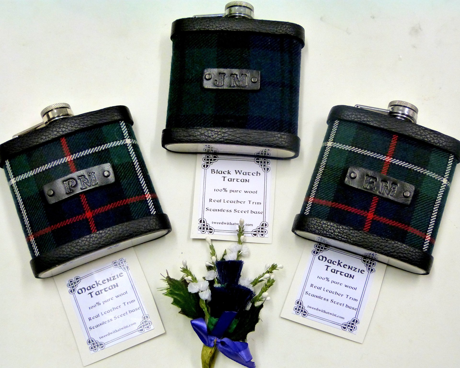 Your Wedding kilt tartan Hip Flasks  with initials embossed on leather labels for Best Man,  Father of Bride or groomsmen, Scottish luxury gift sets of 3-6