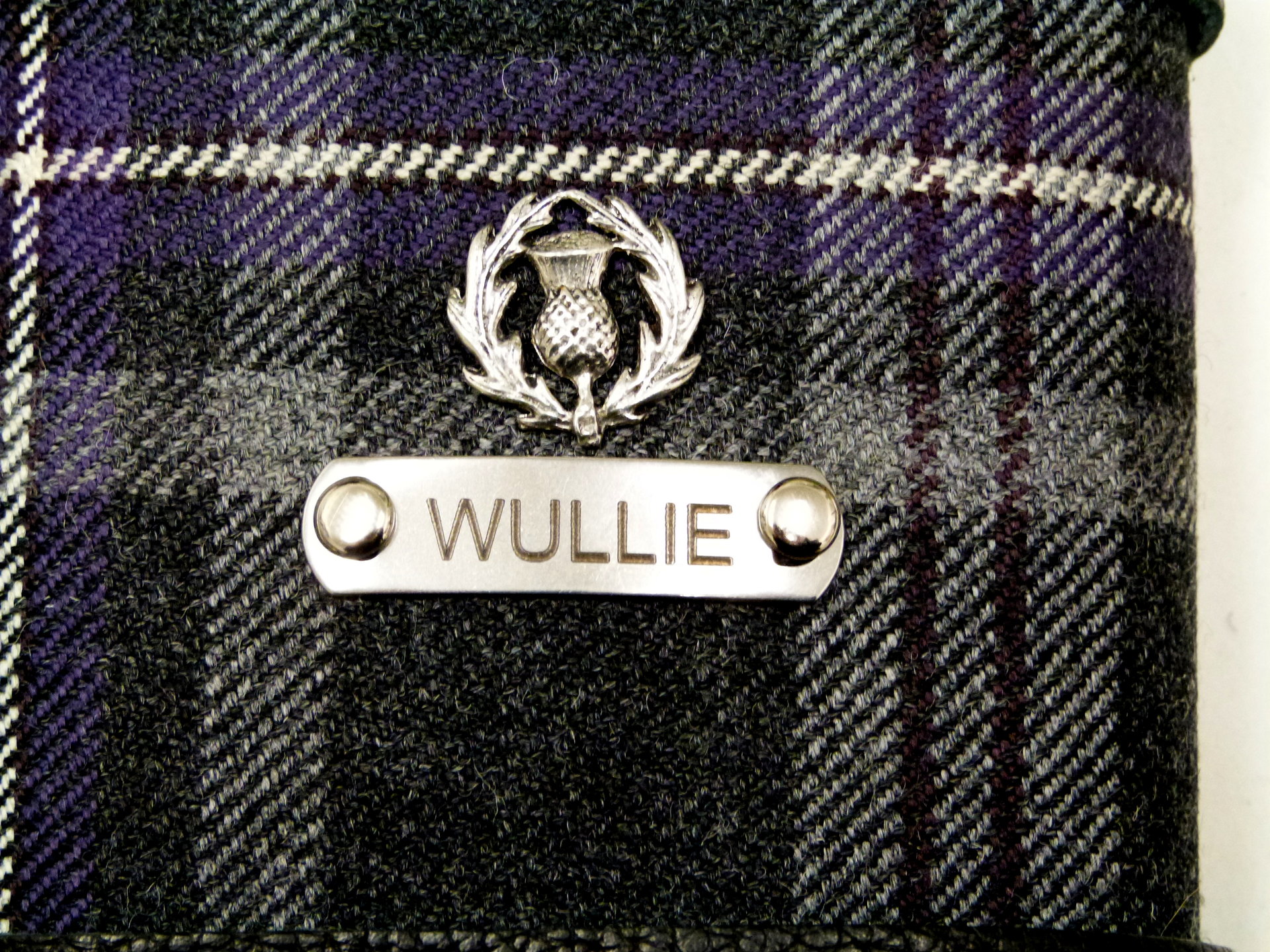 Hebridean Thistle tartan hip flask with thistle and stainless steel tag engraved with personalisation initials, name, date, motto etc. of your choice