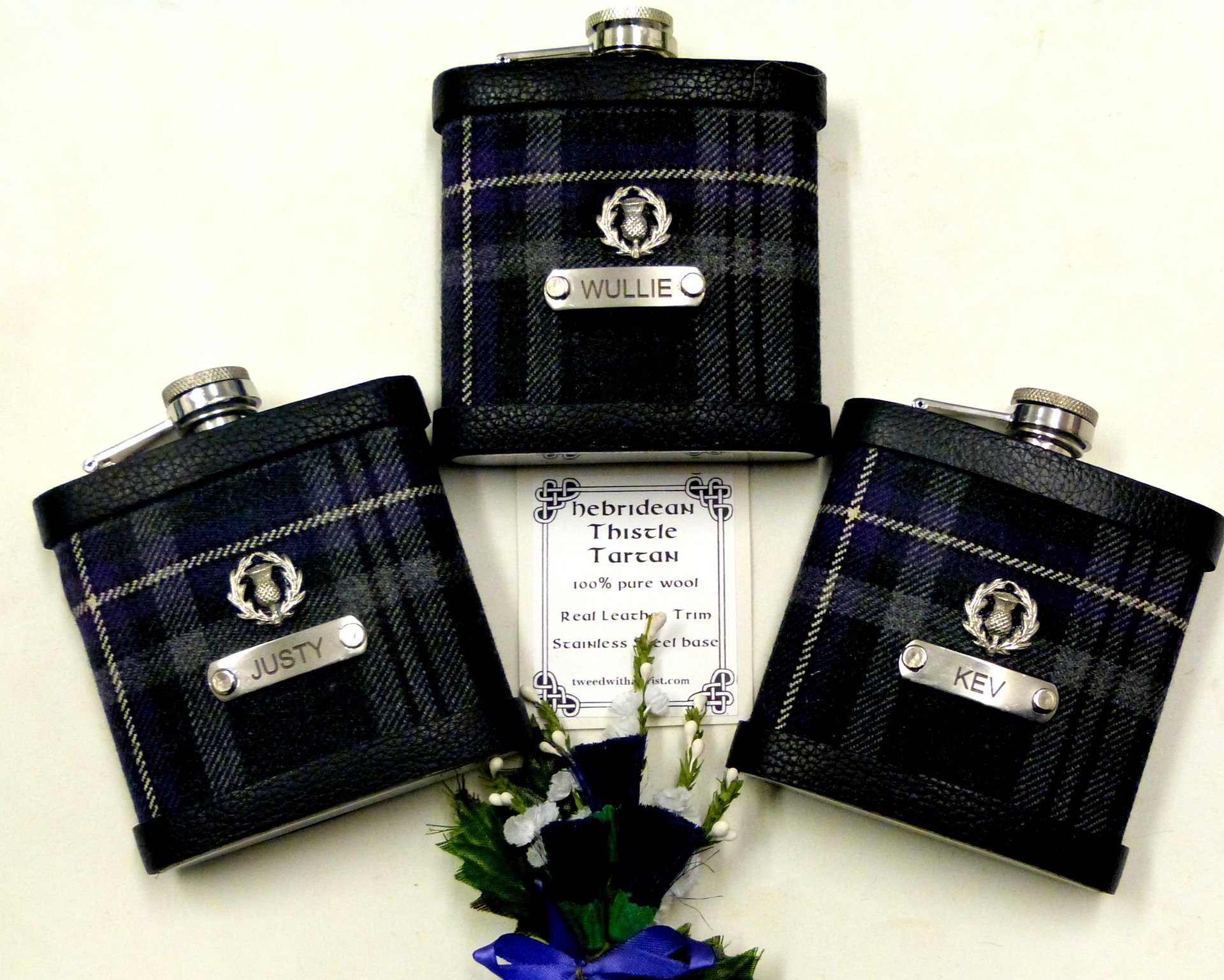 Wedding kilt tartan flasks with Thistle and individual engraving custom engraving in sets of 3-6