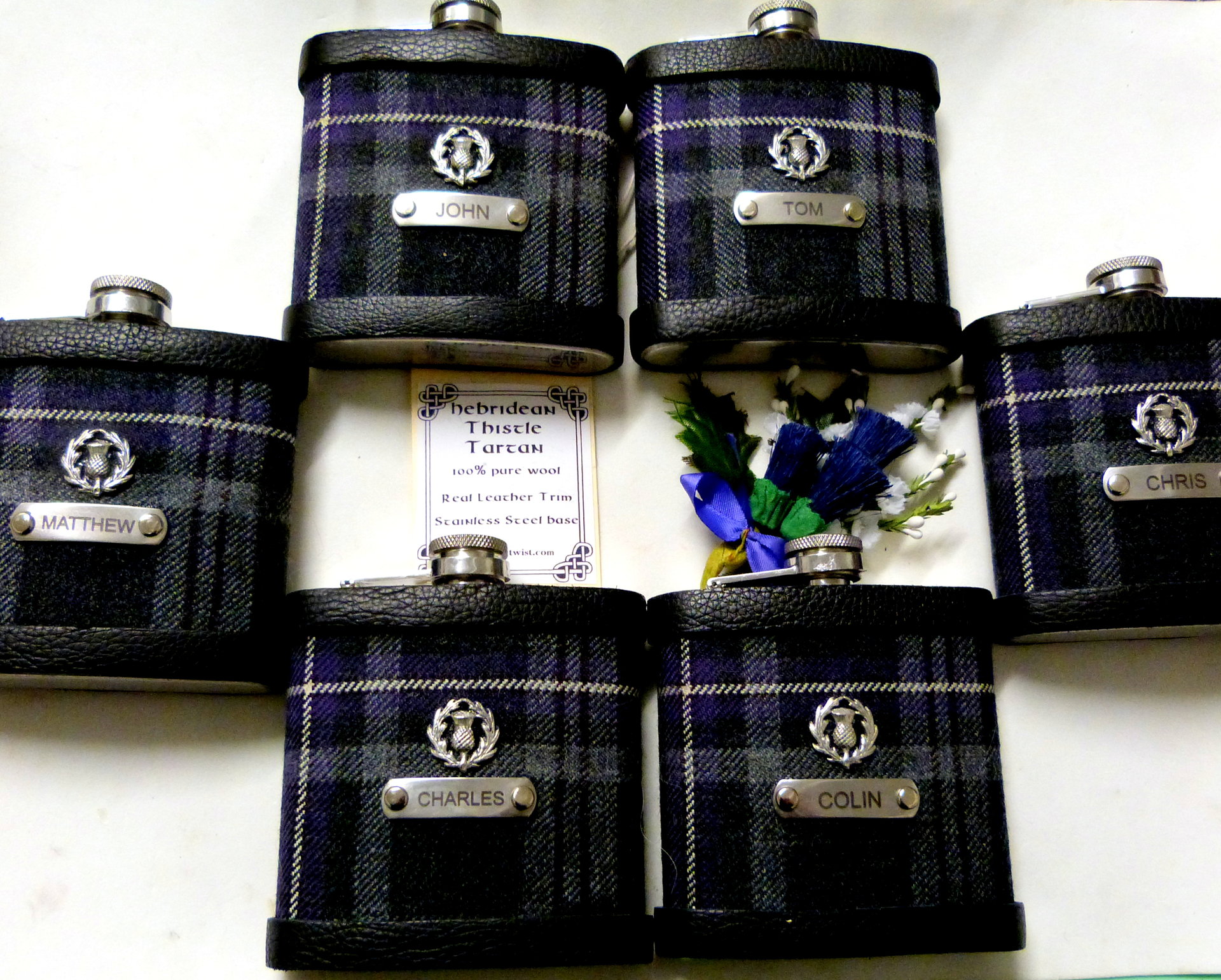 Hebridean Thistle tartan hip flask with thistle and stainless steel tag engraved with personalisation initials, name, date, motto etc. of your choice