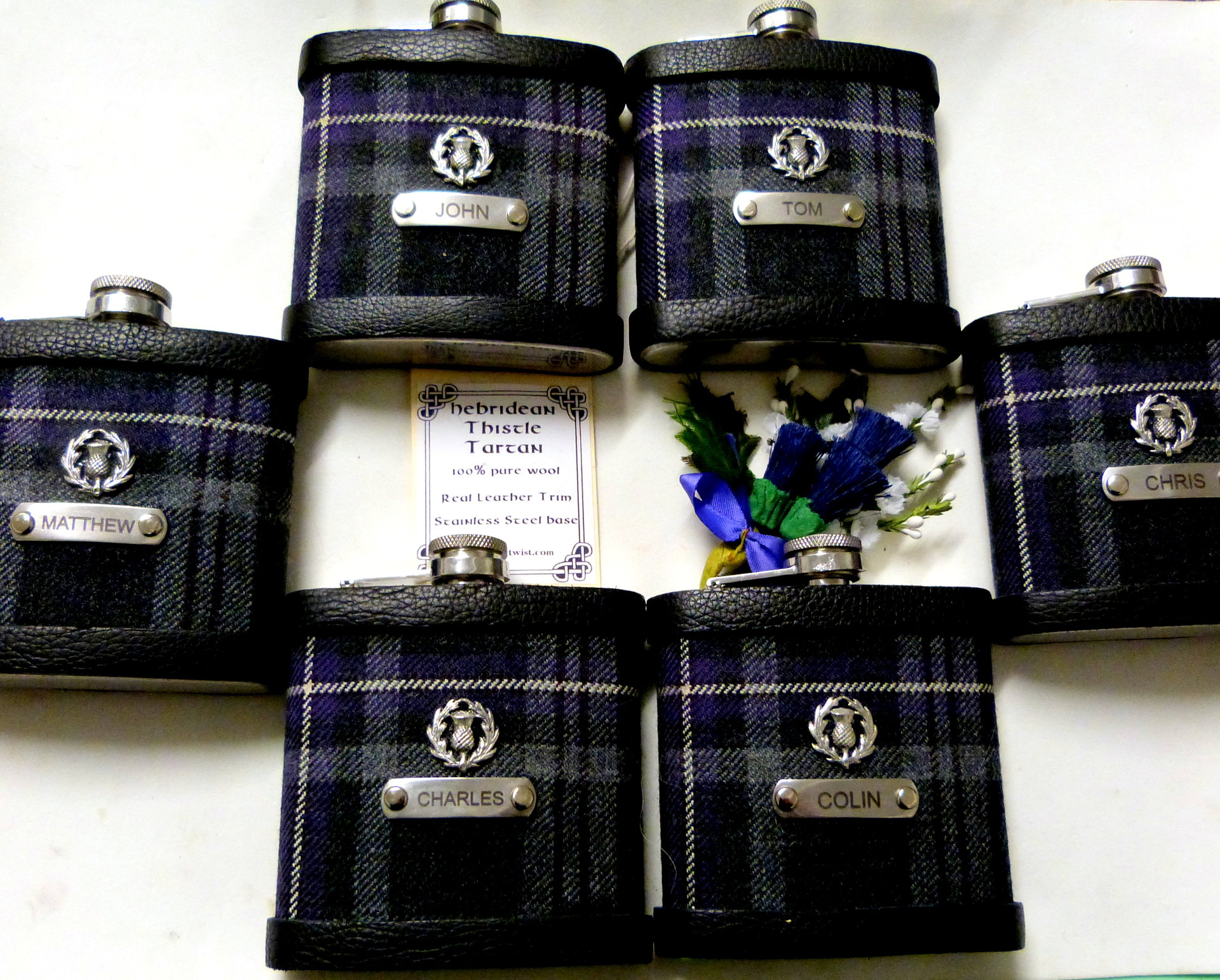 Wedding kilt tartan flasks with Thistle and individual engraving custom engraving in sets of 3-6