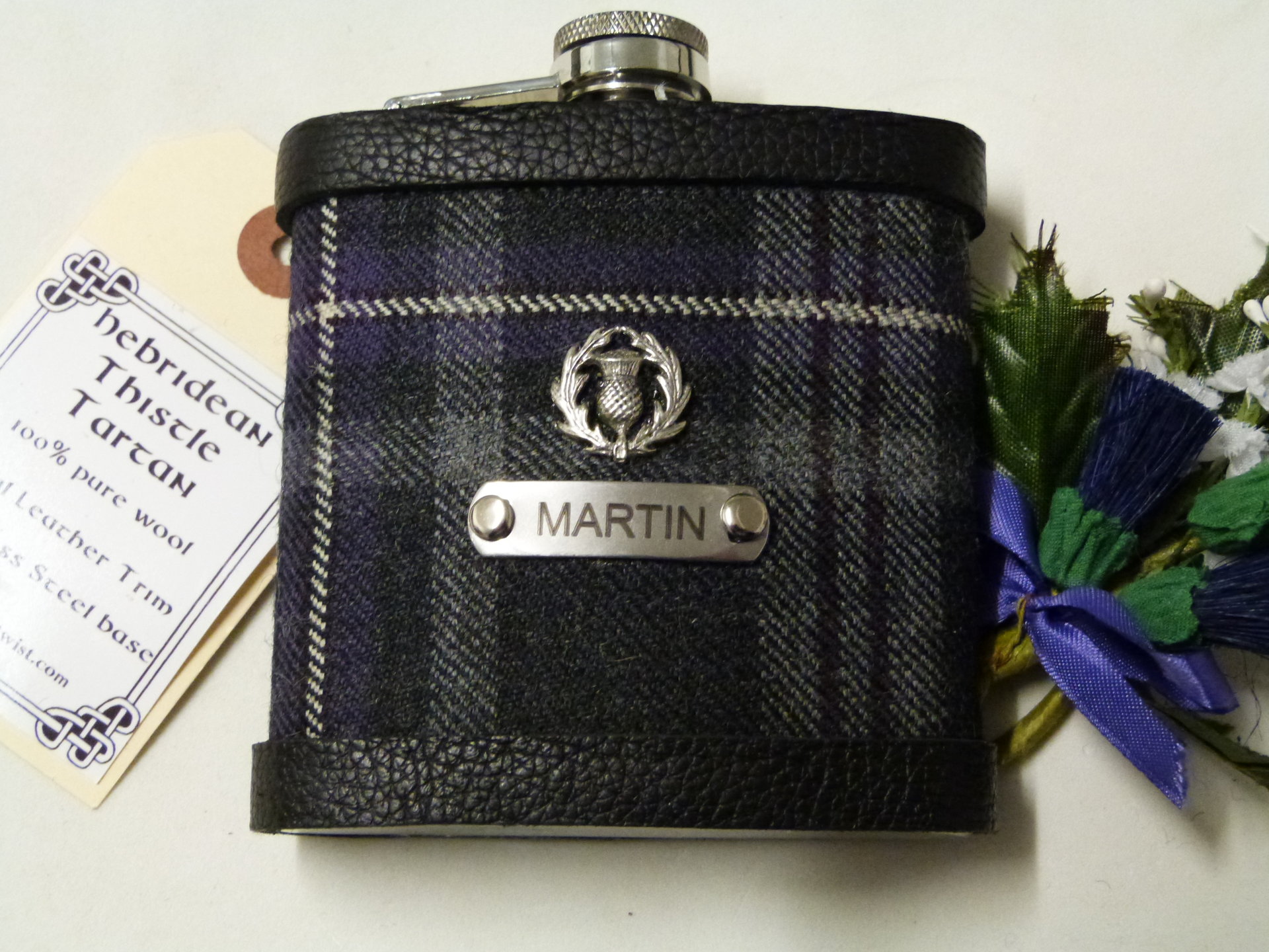 Wedding kilt tartan flasks with Thistle and individual engraving custom engraving in sets of 3-6