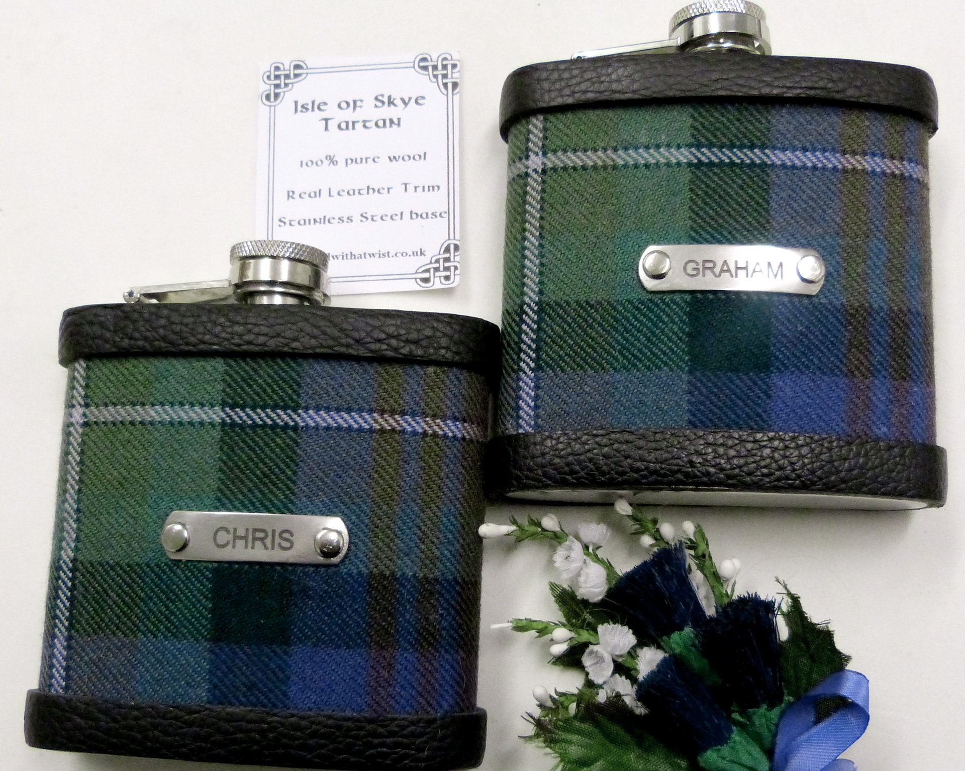 Isle of Skye, Black Watch, Hebridean thistle,Hebridean Heather tartan hip flask with stainless steel engraved tag with name, initials,  date, motto etc. of your choice