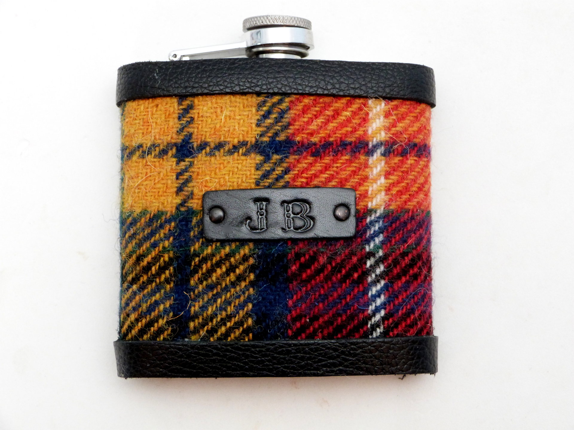 Harris Tweed Hip flask with black leather tag hand embossed initialsin a choice of 30 different  colours unique personalised gift for Christmas, birthday, Best Man