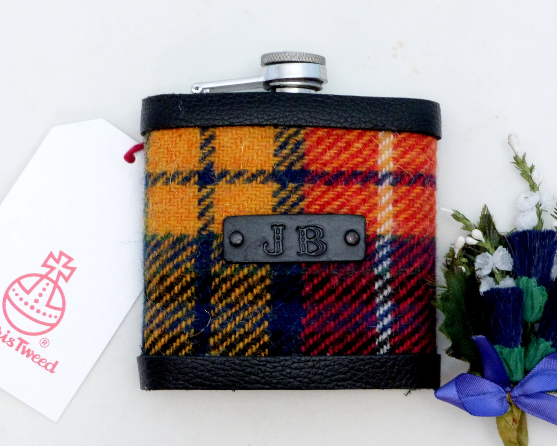 Harris Tweed  Hip Flasks  with initials embossed on black or brown leather labels for Best Man,  Father of Bride or groomsmen, Scottish luxury gift sets of 3-6