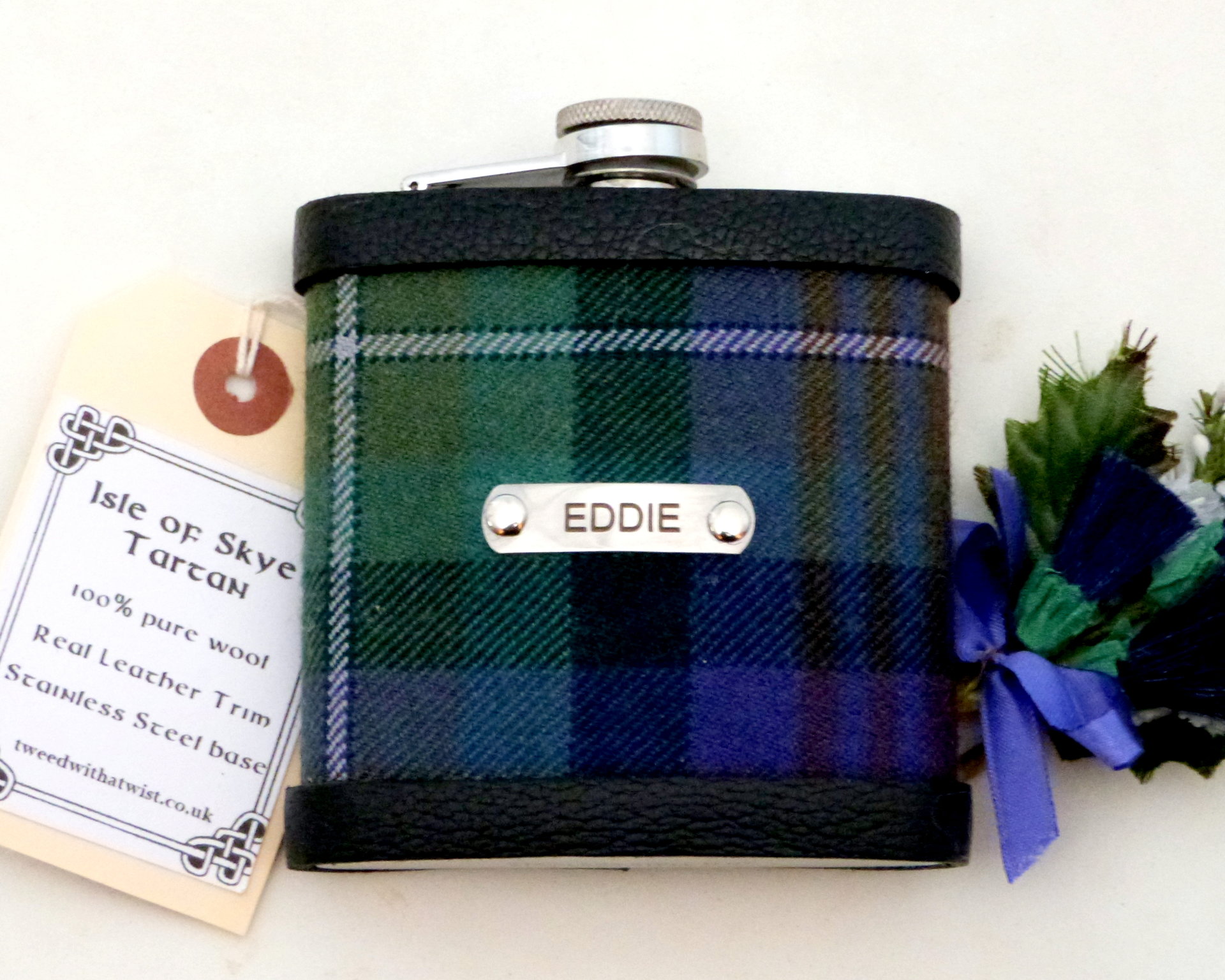 Clan or family tartan hip flask with stainless steel engraved tag with name, initials,  date, motto etc. of your choice