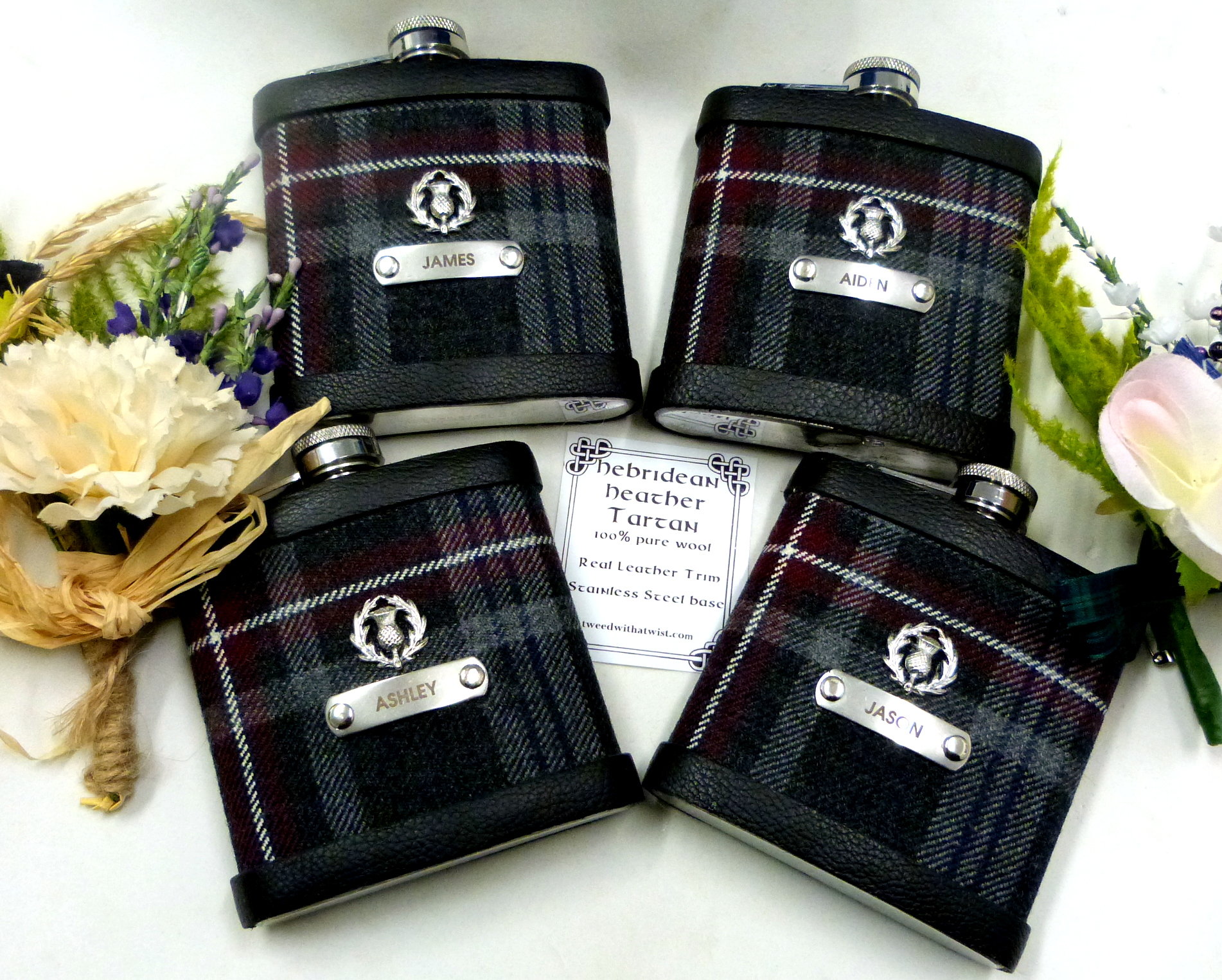 Wedding kilt tartan flasks with Thistle and individual engraving custom engraving in sets of 3-6