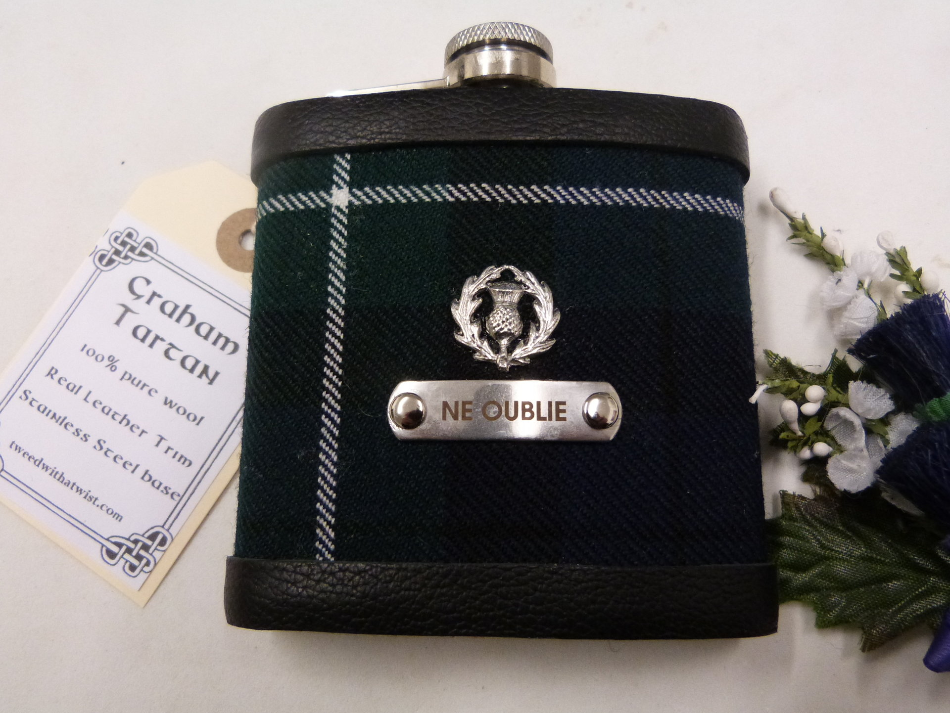Aberdeen Tartan hip flask with thistle and custom engraved stainless steel tag with any name, date, motto etc.