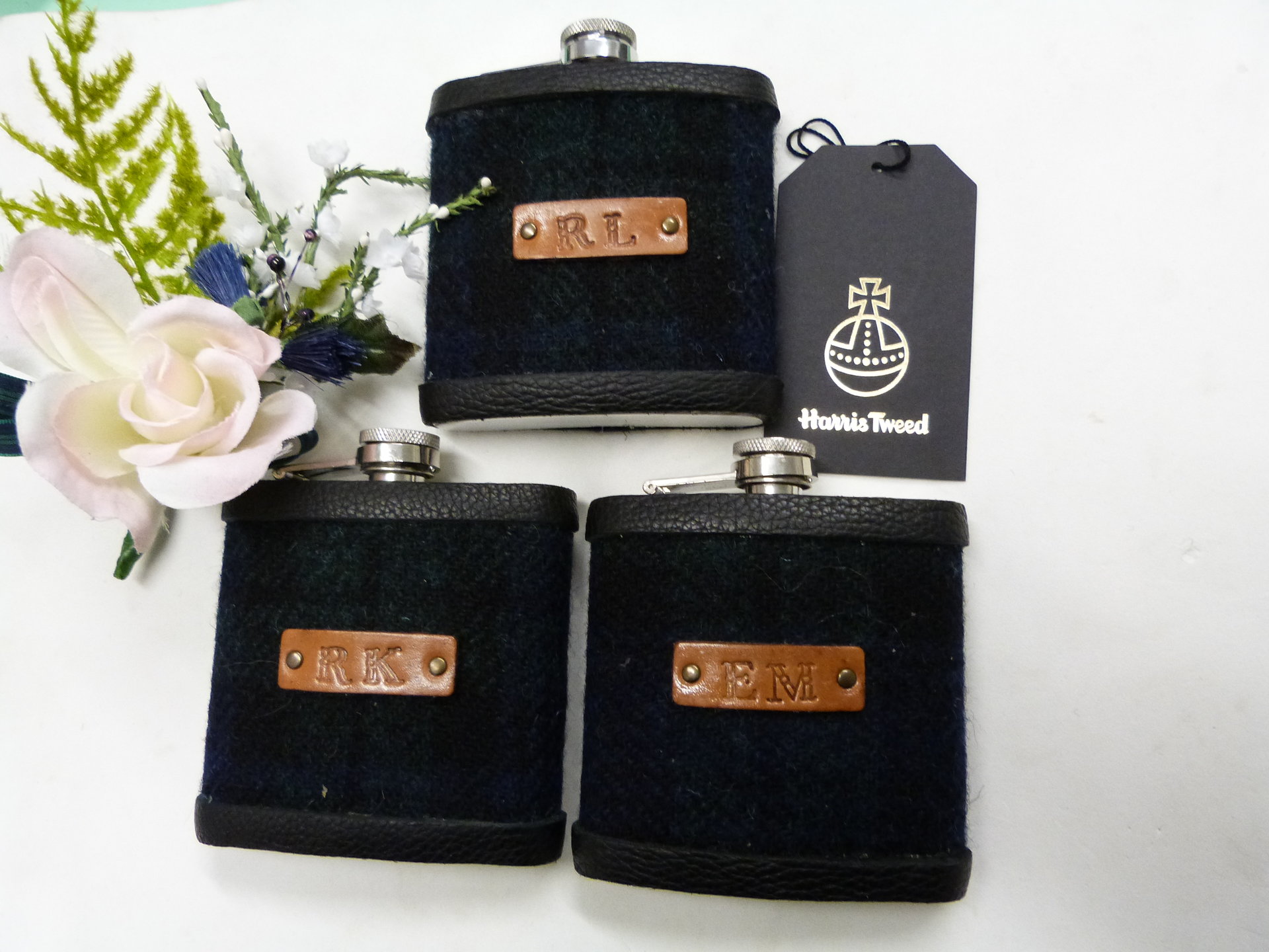 Harris Tweed  Hip Flasks  with initials embossed on black or brown leather labels for Best Man,  Father of Bride or groomsmen, Scottish luxury gift sets of 3-6