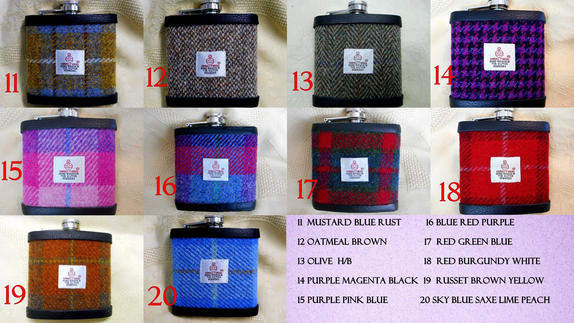 Personalised Harris Tweed hip flask with name in celtic setting, Scottish luxury gift for Christmas , unique gift for birthday, retirement , monogrammed flask