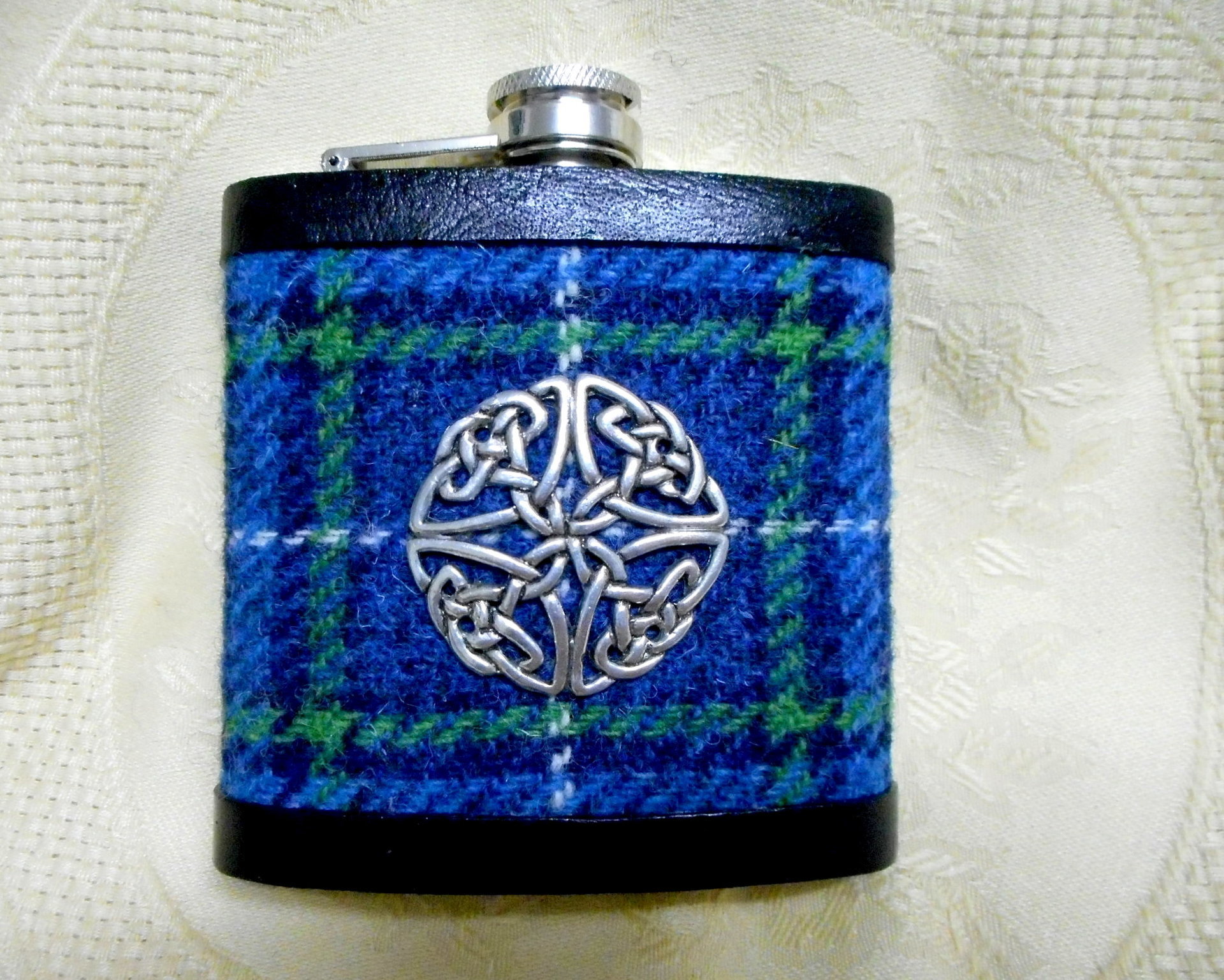 Harris Tweed hip flask in Isle of Harris tartan with Celtic knot , Scottish Christmas gift, or best man , retirement, birthday present