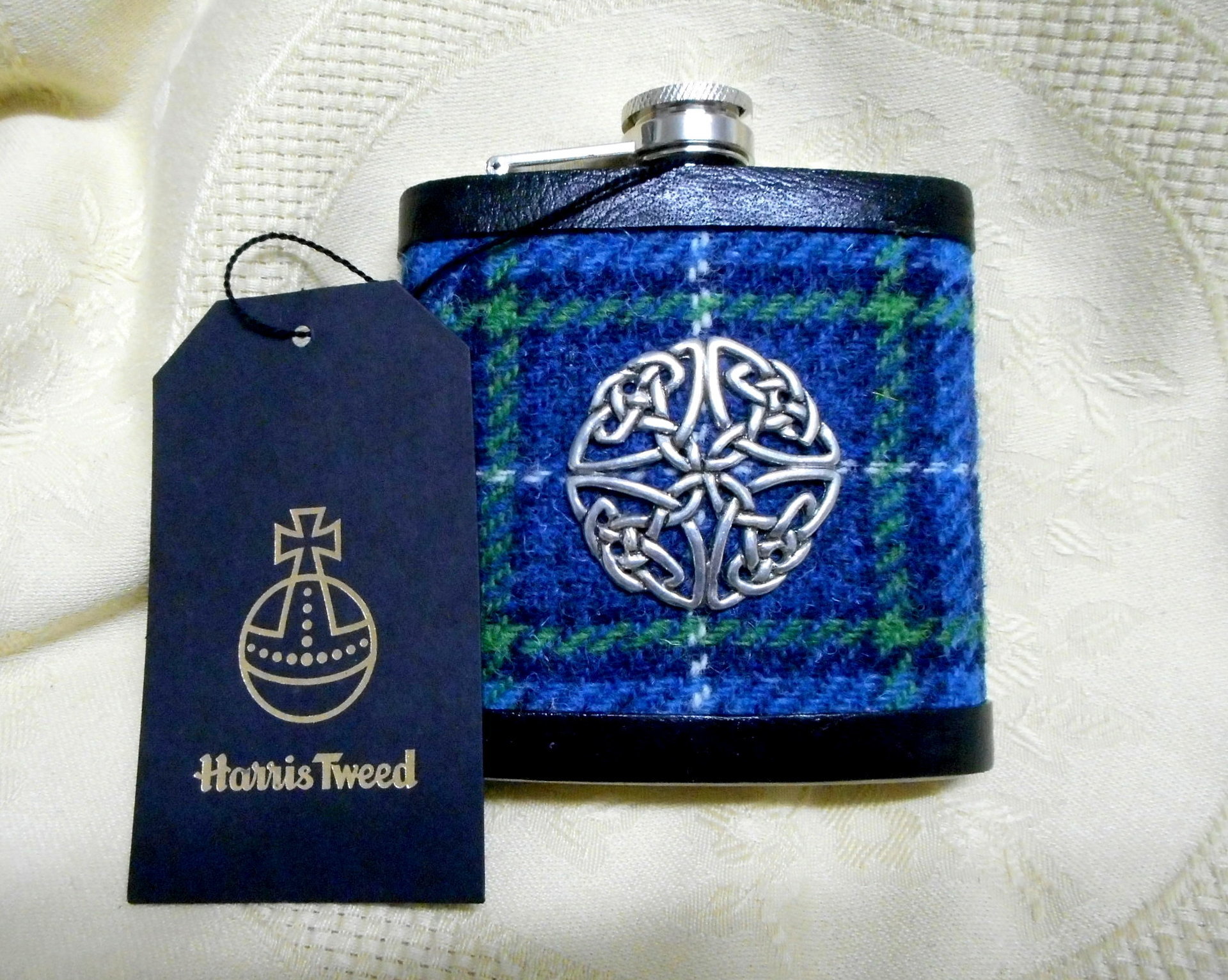 Harris Tweed hip flask in Isle of Harris tartan with Celtic knot , Scottish Christmas gift, or best man , retirement, birthday present