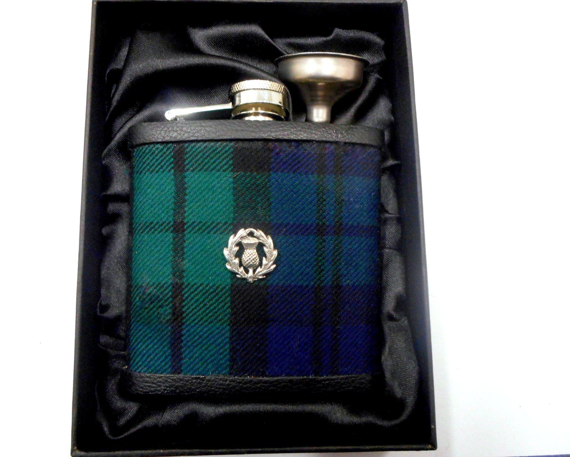 Black Watch tartan flask personalised choice of finish plain, engraved, thistle or leather
