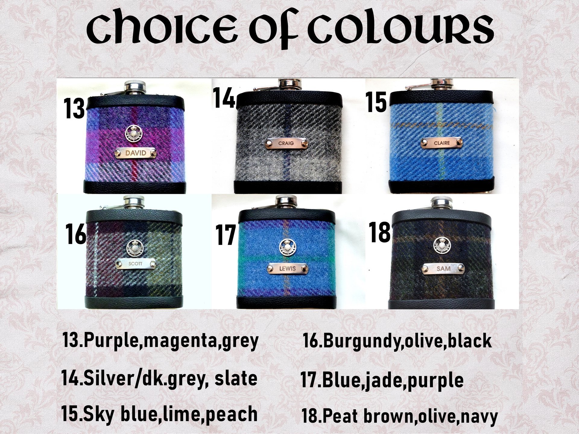 Harris Tweed Hip Flasks Choice of 30 tweeds with custom engraved name and thistle, groomsmen gifts in sets of 3-6