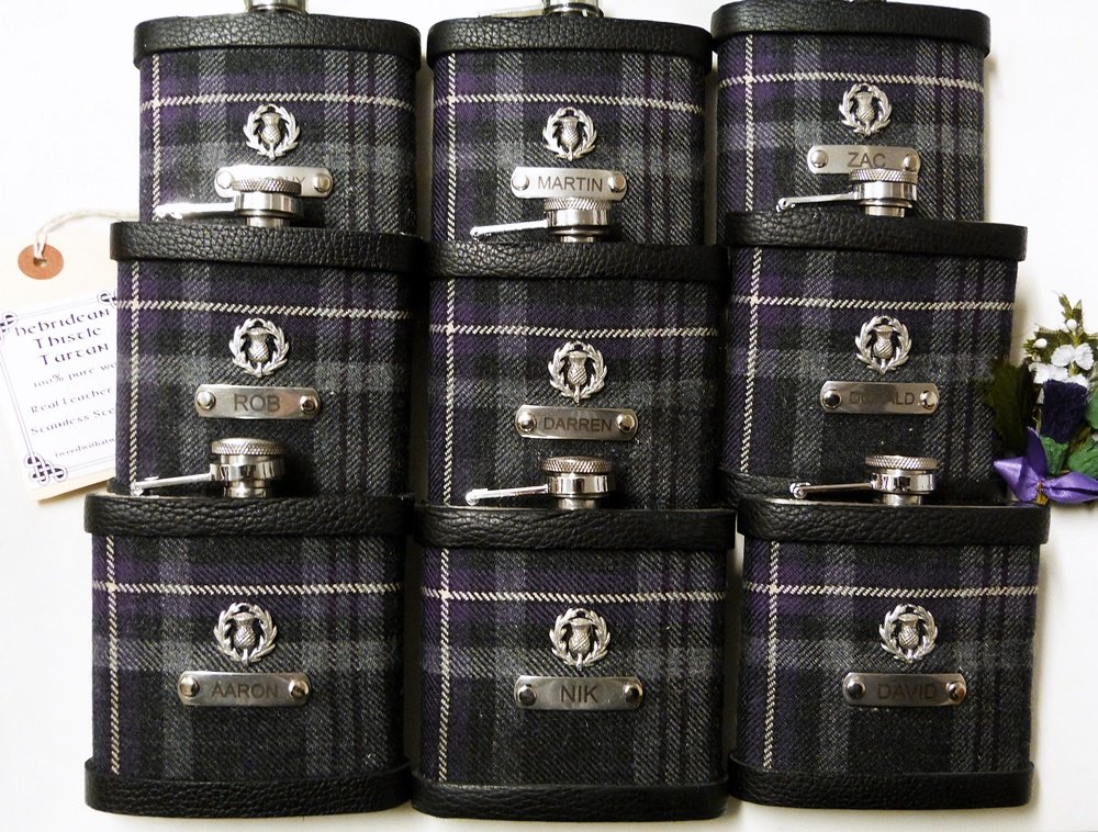 Hebridean Heather Tartan hip flask with thistle and custom engraved stainless steel tag with any name, date, motto etc.