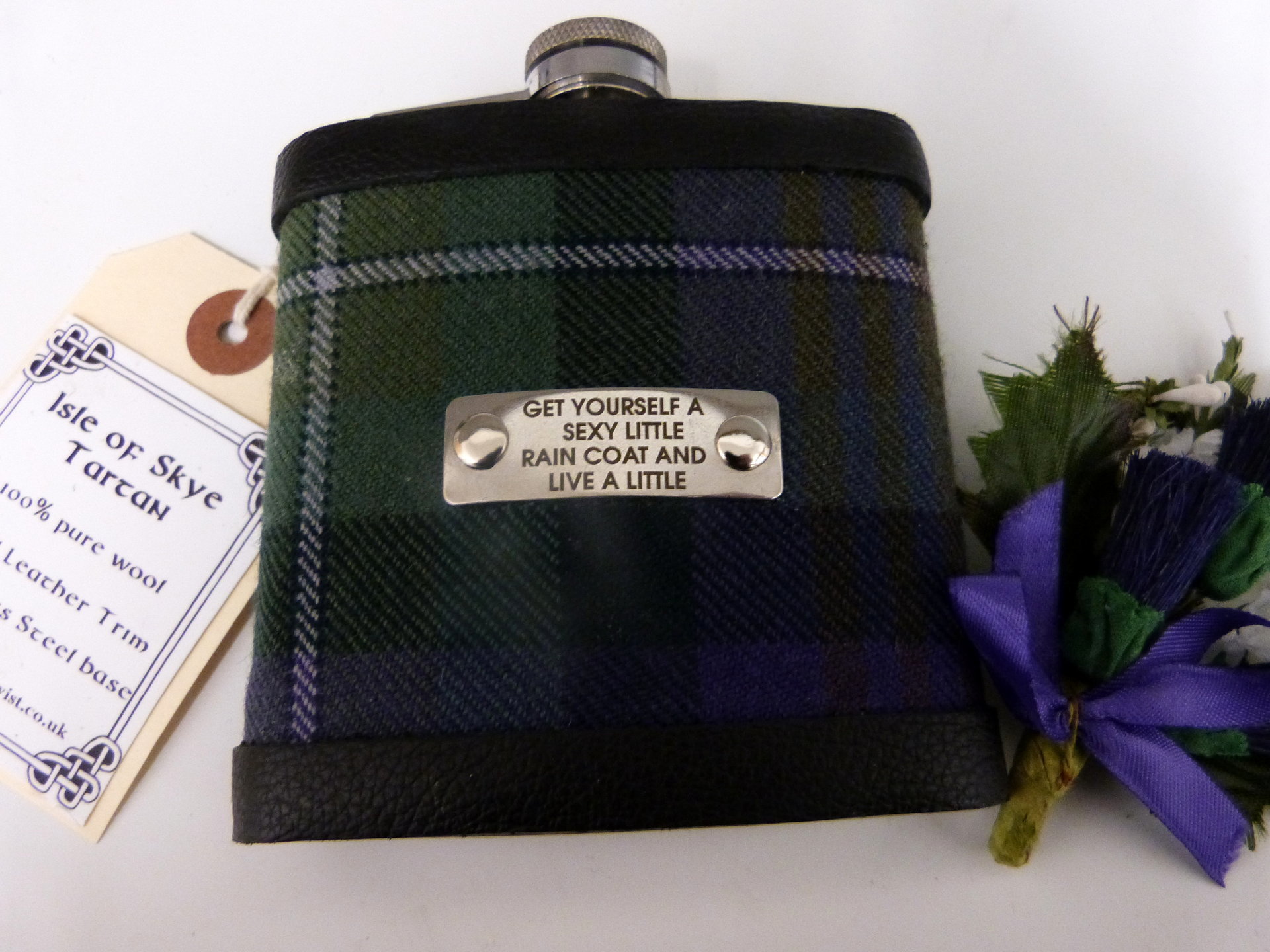 Isle of Skye tartan flask personalised choice of finish plain, engraved, thistle or leather