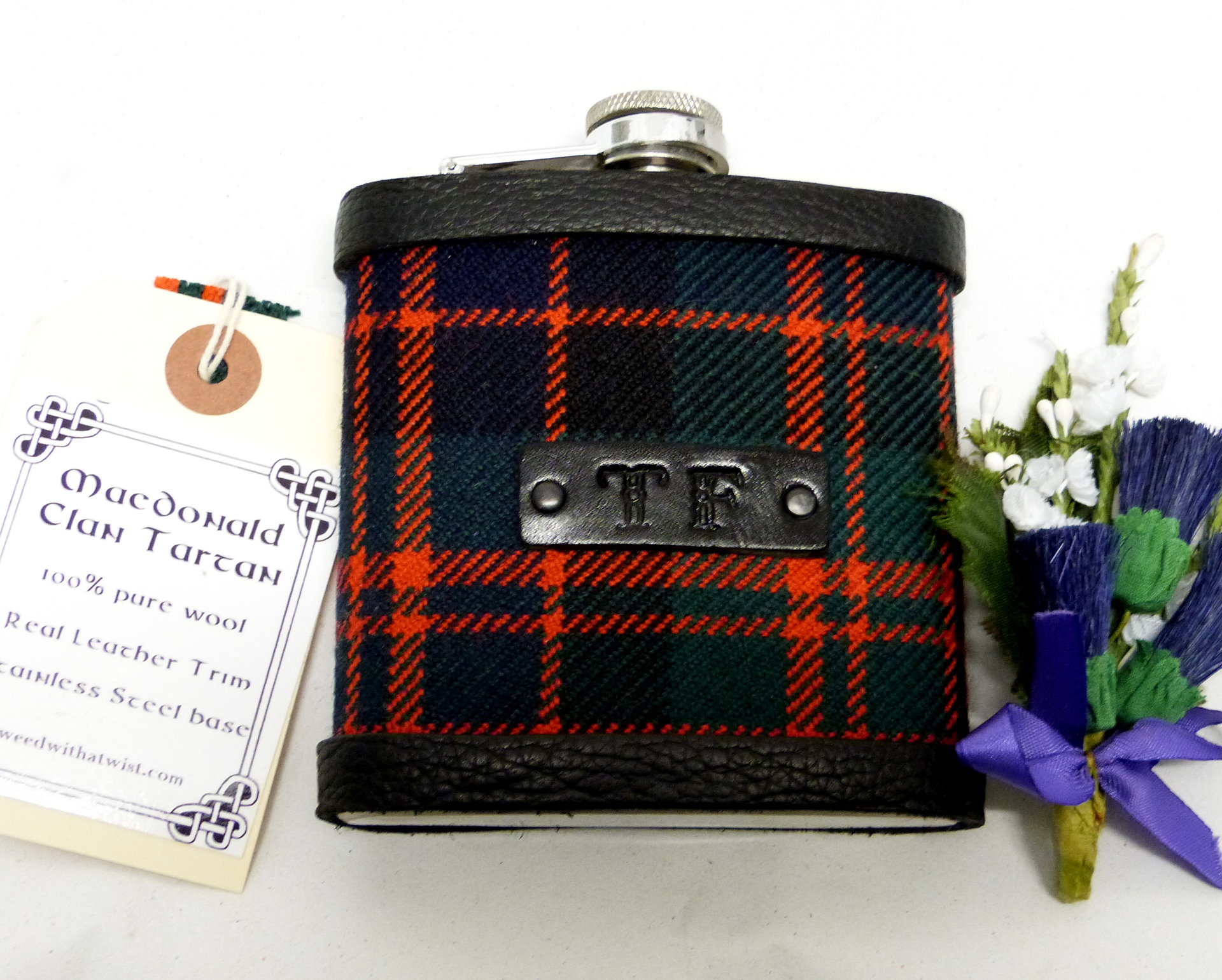 Bespoke Hip flask your Clan family or wedding tartan with hand embossed initials on leather tag