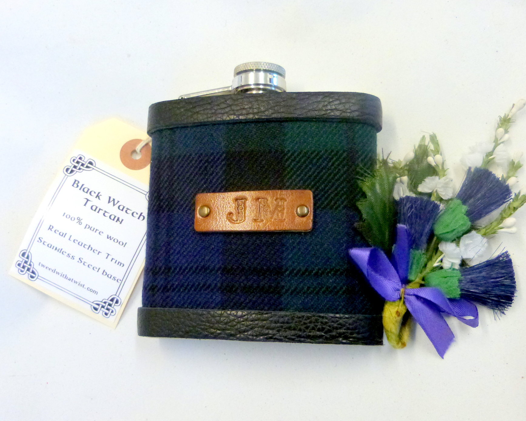 Bespoke Hip flask your Clan family or wedding tartan with hand embossed initials on leather tag
